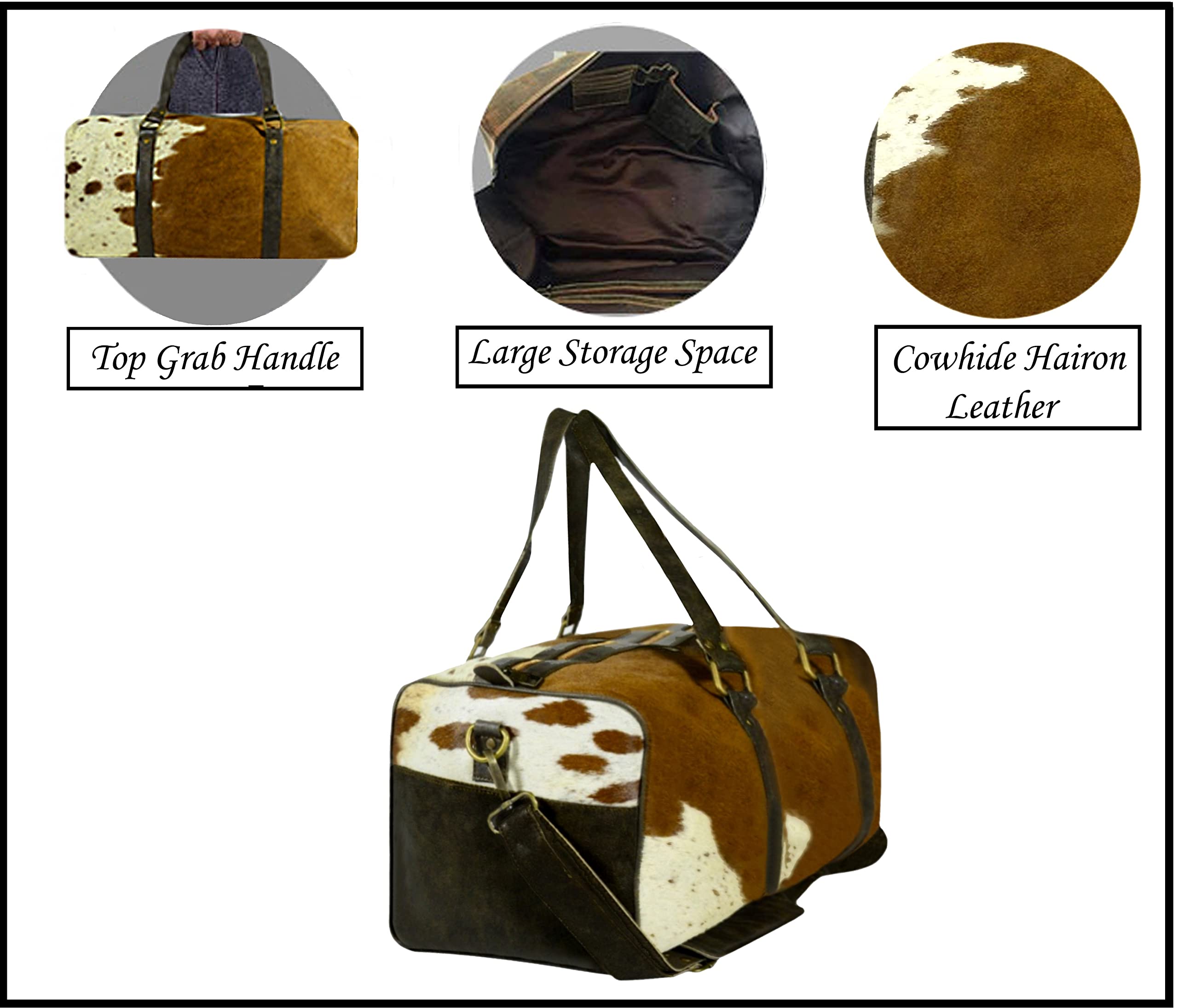 Genuine Cowhide Leather Duffel Bag - Large Exotic Travel & Gym Bag with Hair-on Hide - Choose Tricolor (Black/Brown/Tan) - Perfect for Overnight Trips, Sports & Business Travel