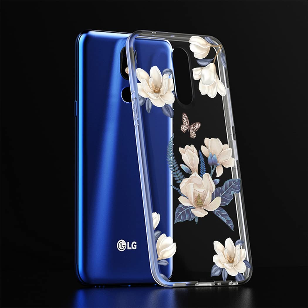 LG K40/K12 Plus/X4 2019/Solo LTE/Harmony 3/Xpression Plus 2 Phone Case - Clear Slim Shockproof Soft TPU Rubber Protective Cover with Floral Design for Women & Girls (White Flower Pattern) - Perfect for Everyday Use, Work, School & Travel Protection