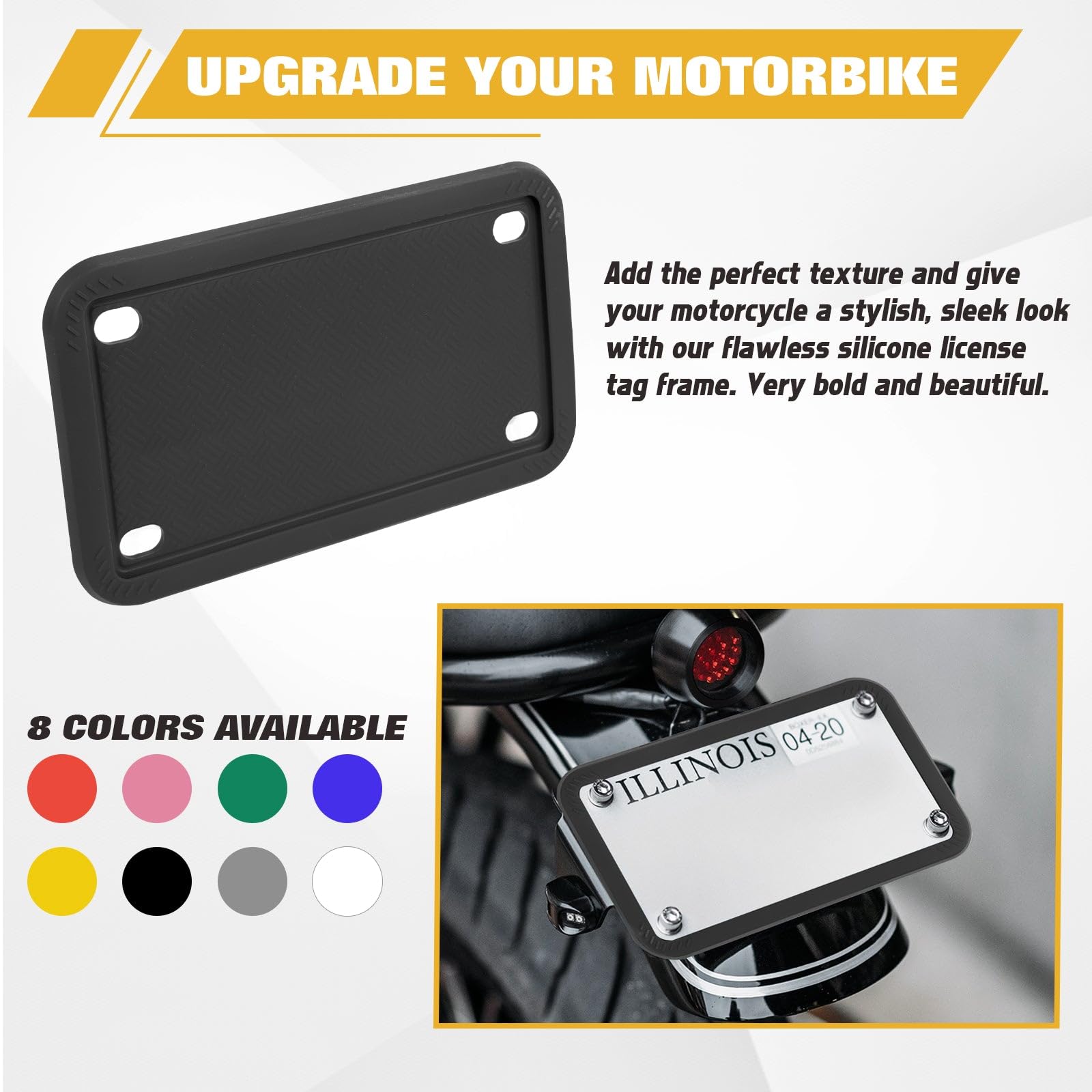 Premium Motorcycle Silicone License Plate Frame - Rustproof, Rattleproof, Weatherproof Black Plate Holder (7.56