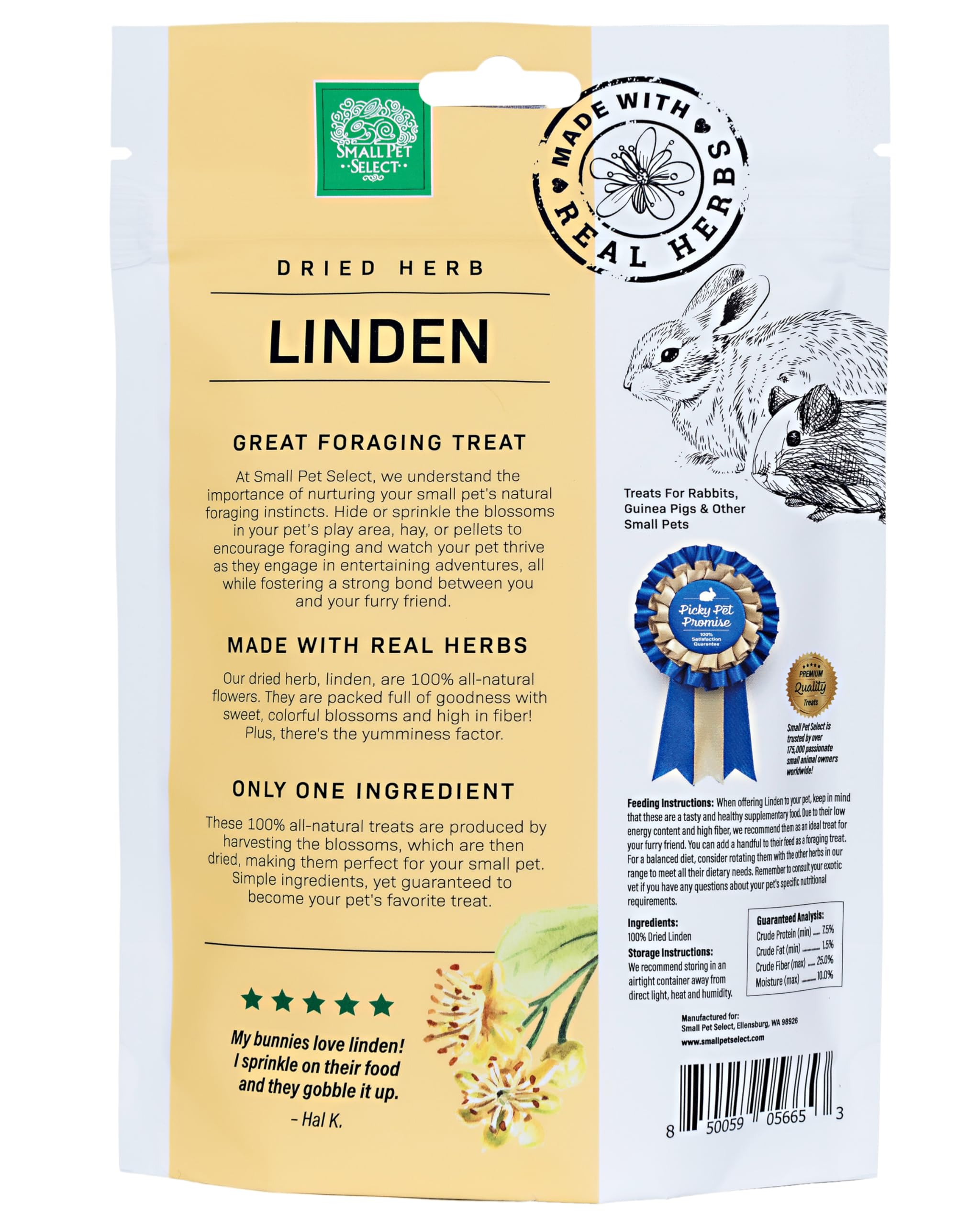 Natural Herbal Treat for Rabbits & Guinea Pigs - Small Pet Select Linden 2oz for Digestive Health