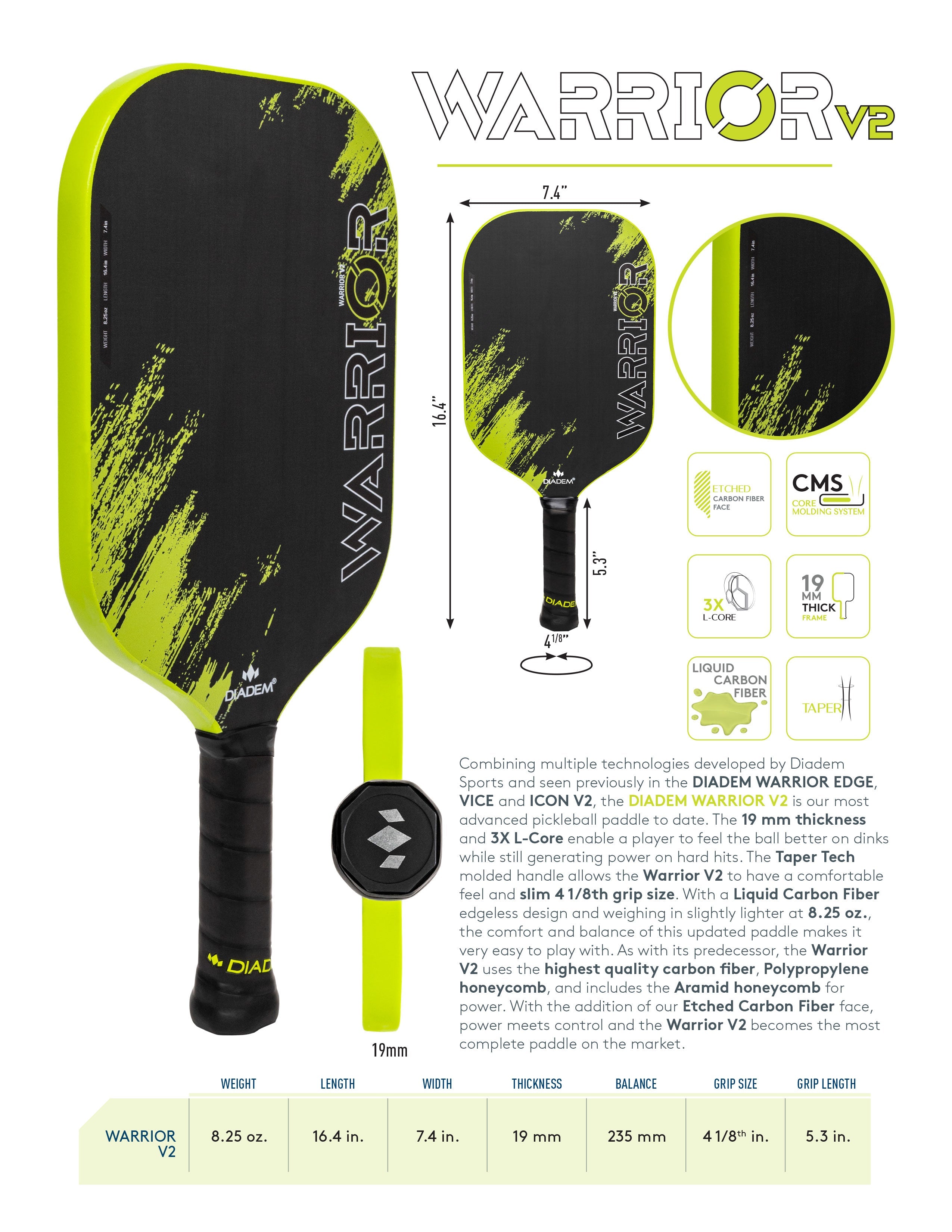 Diadem Warrior V2 Pickleball Paddle - Premium Carbon Fiber Face with Cushion Grip - Demo Rental Available for Tournament Play & Recreational Games