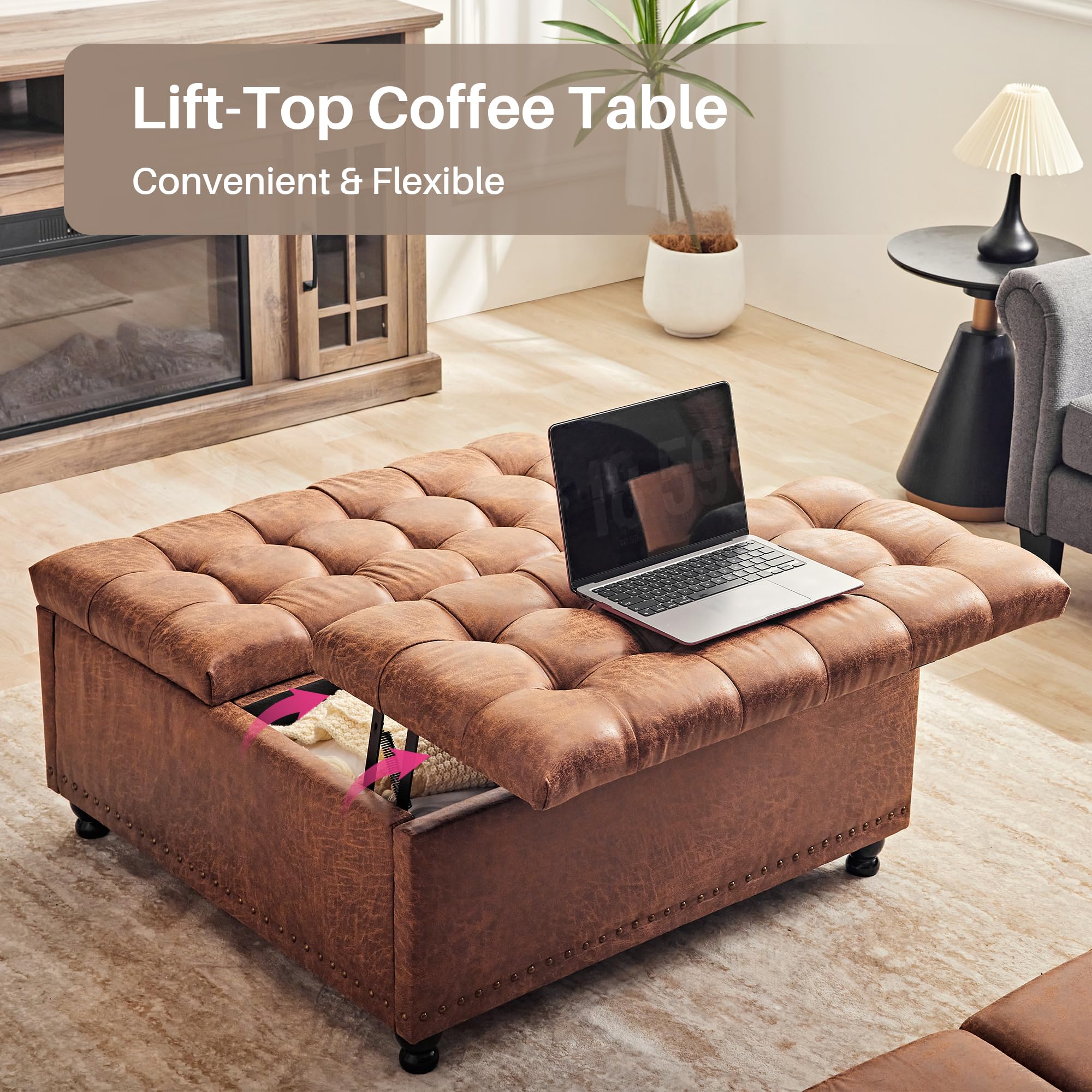 Redlife 35 Inch Large Square Storage Ottoman Bench with Lift Top - Tufted Coffee Table Ottoman for Living Room, Bedroom & Entryway - Brown Leathaire Fabric - Multi-Functional Storage Furniture for Shoes, Blankets & Home Decor