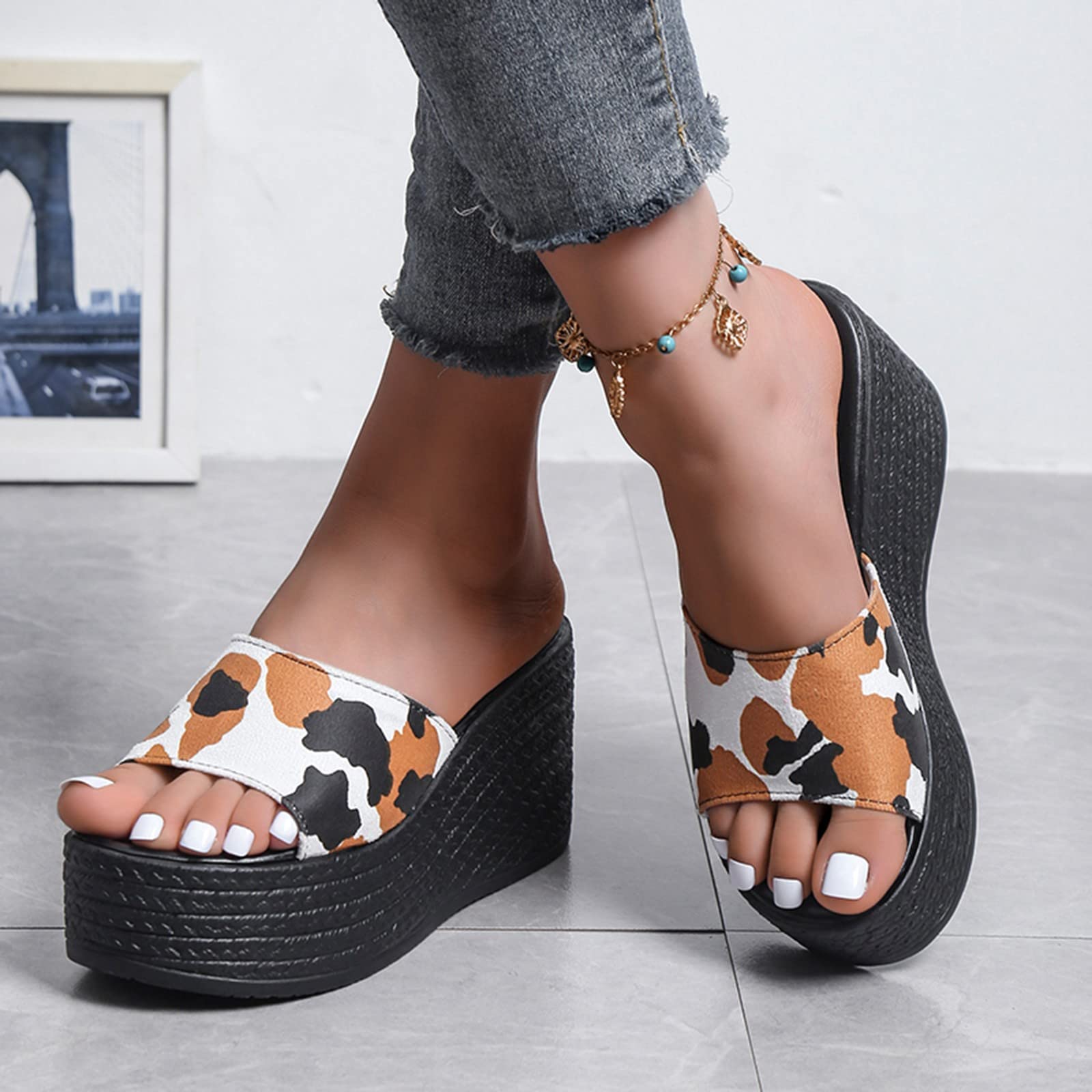 Women's Brown Leopard Print Platform Wedge Sandals - Comfy Open Toe Dressy Summer Sandals for Casual Outings, Beach Vacations & Date Nights