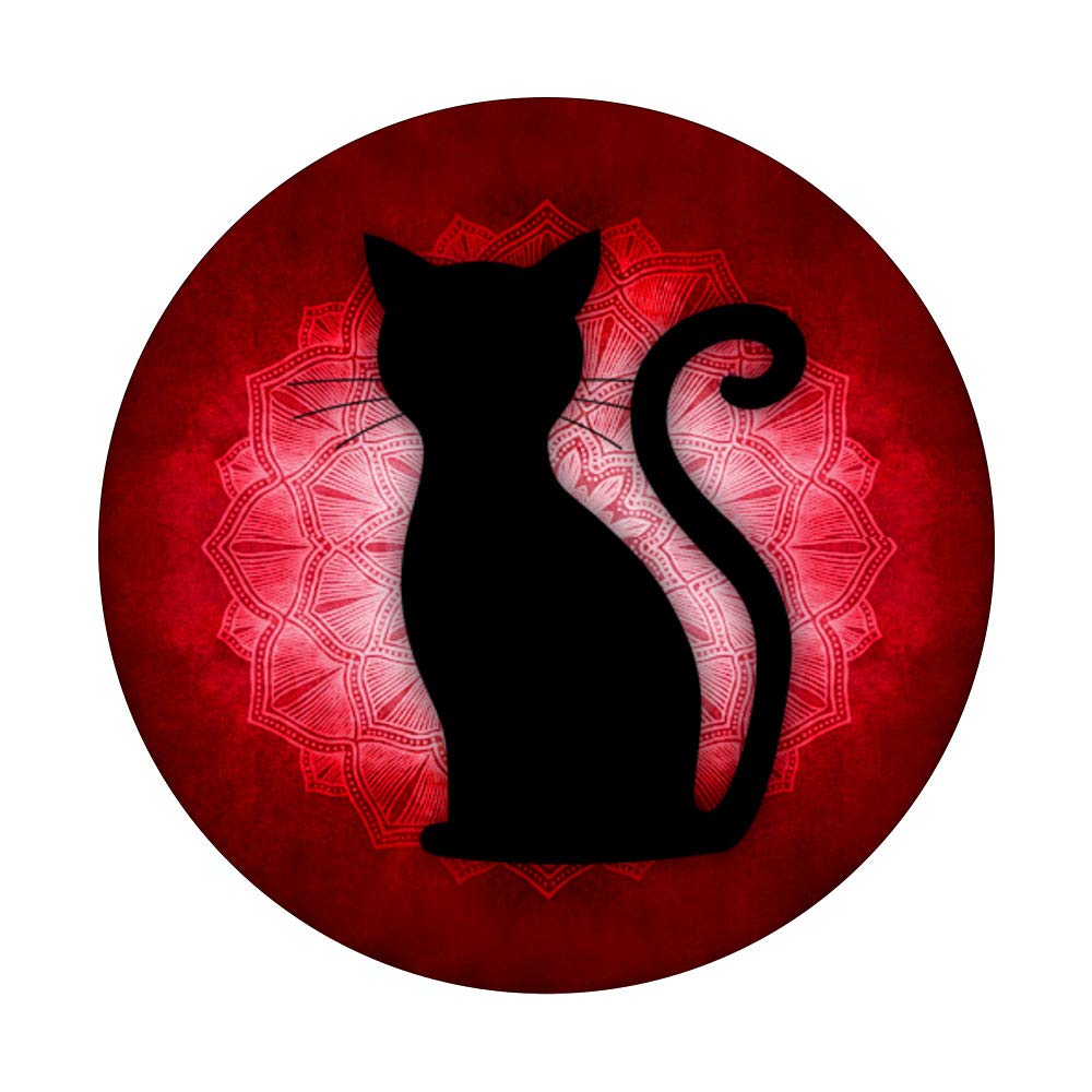 Cat Design Black Shape Red Mandala Flower PopSockets PopGrip: Swappable Phone & Tablet Grip for Secure Hold, Stylish Accessory for Everyday Use, Travel, and Work