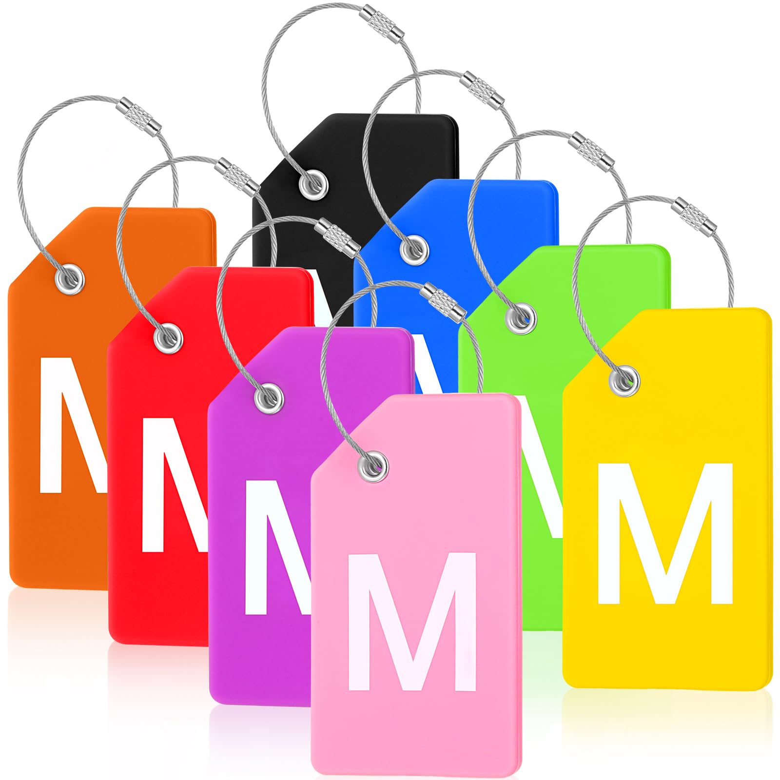 8 Pcs Silicone Luggage Tags with Initial Letters A-Z, Personalized Suitcase ID Tags with Name Card & Stainless Steel Loop (Letter M, Colorful) - Perfect for Travel, Backpacks, and Instrument Cases