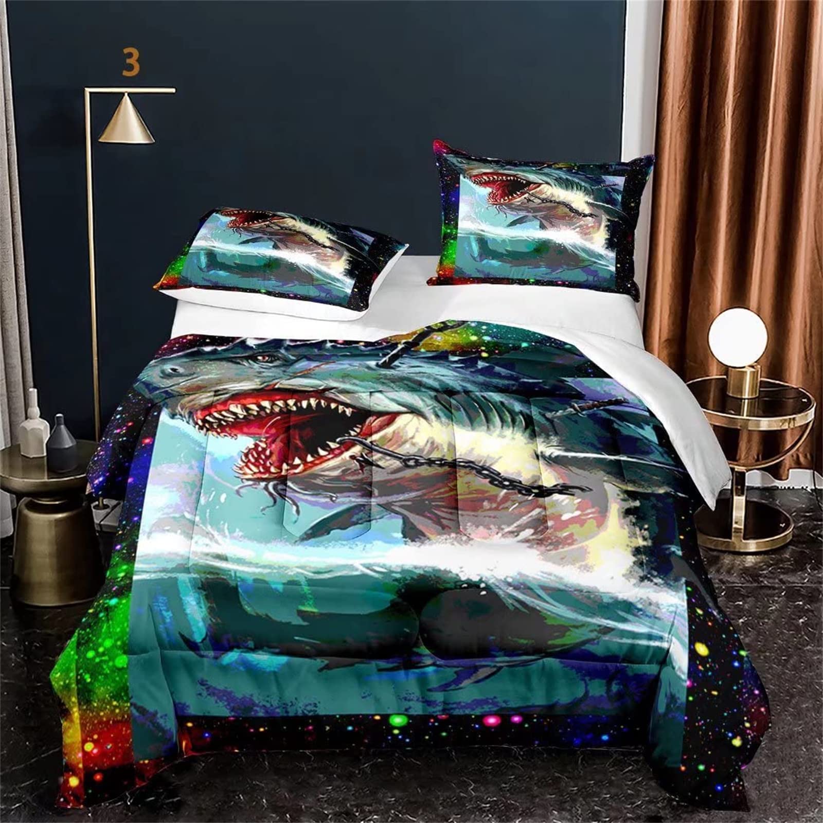 Scary Cartoon Fish Full Bedding Set - Shark & Hook Pattern Comforter with 2 Pillowcases for Bedroom Decor | Perfect for Kids' Rooms, Themed Bedrooms & Ocean Lovers