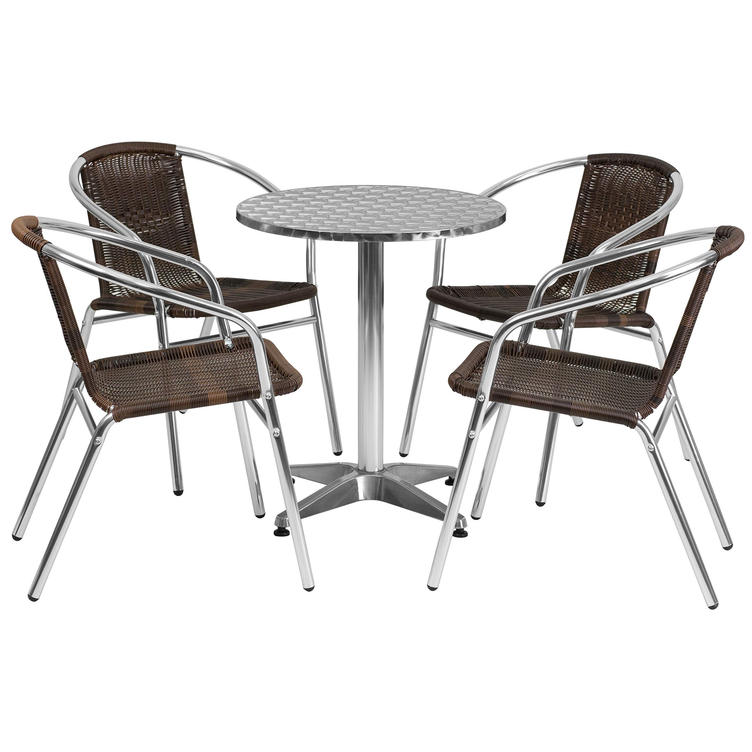 EMMA + OLIVER 23.5 Inch Round Aluminum Outdoor Dining Table Set with 4 Dark Brown Rattan Chairs - Patio, Garden, Backyard Furniture for Dining & Entertaining