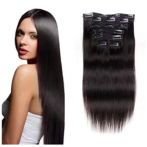 ViviaBella 26 Inches Straight Human Hair Extensions Clip-Ins - Natural Black Double Weft 200g Full Head - Silky Smooth 7-Piece Set with 16 Clips (200g, 26