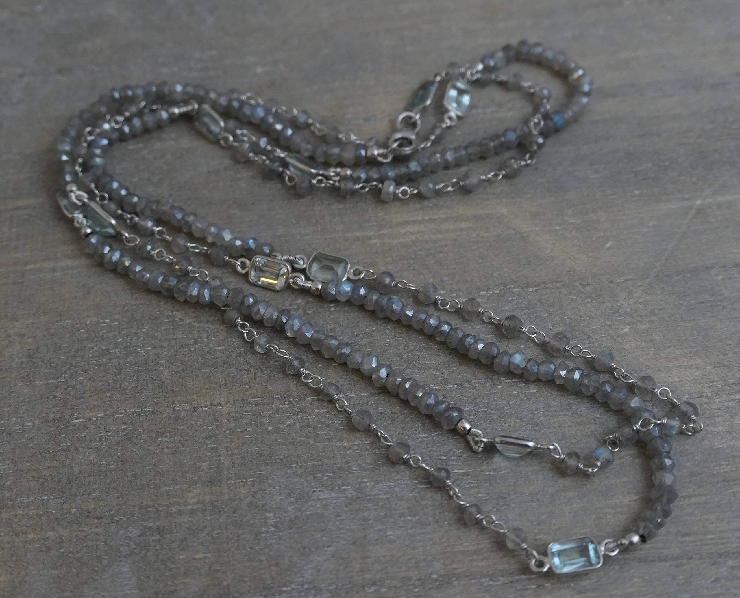 Labradorite & Blue Topaz Sterling Silver Necklace 103cm - Natural Gemstone Jewelry for Women - Handmade Birthday, Valentine's & Mother's Day Gift - Elegant Everyday Wear & Special Occasion Accessory