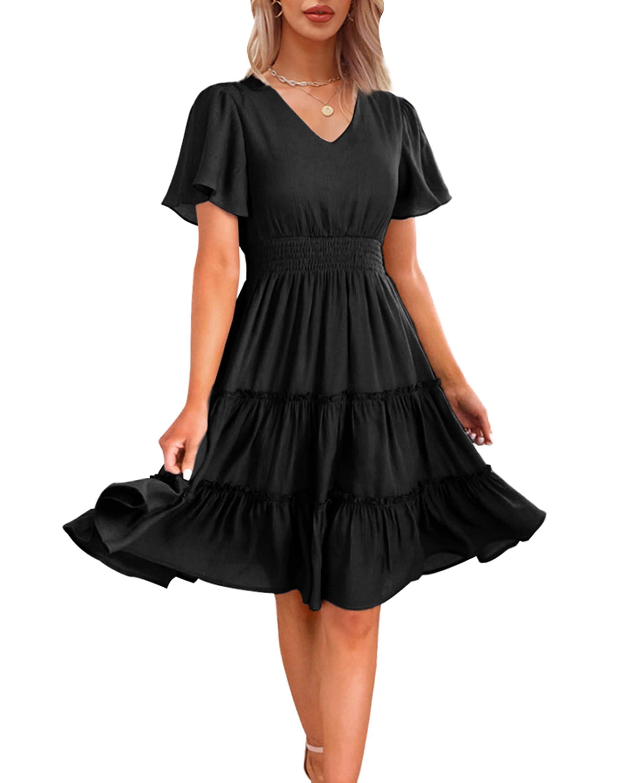 Zattcas Women's 2025 Spring Summer V-Neck Smocked Waist Flowy A-Line Tiered Midi Dress - Casual Work Office & Outdoor Party Wear
