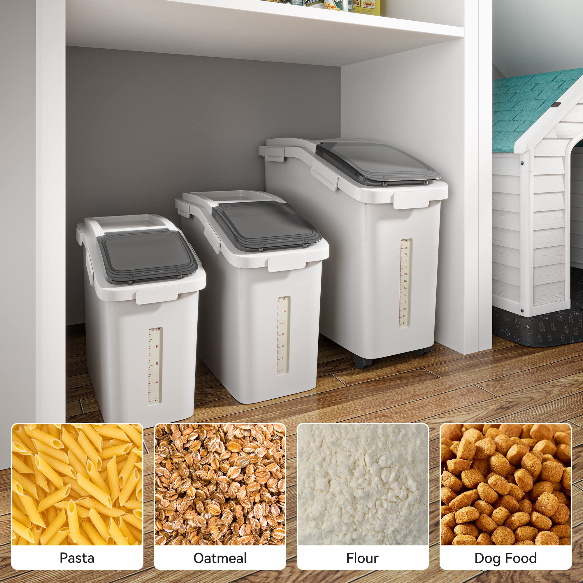 YITAHOME 90L/190lb Large Flour Storage Bins with Wheels - 3-Piece Set (20.6 Gallon Total) for Rice, Grains & Bulk Food - Includes Scoop & Airtight Lids - Perfect for Commercial Kitchens, Bakeries & Pantry Organization (White)