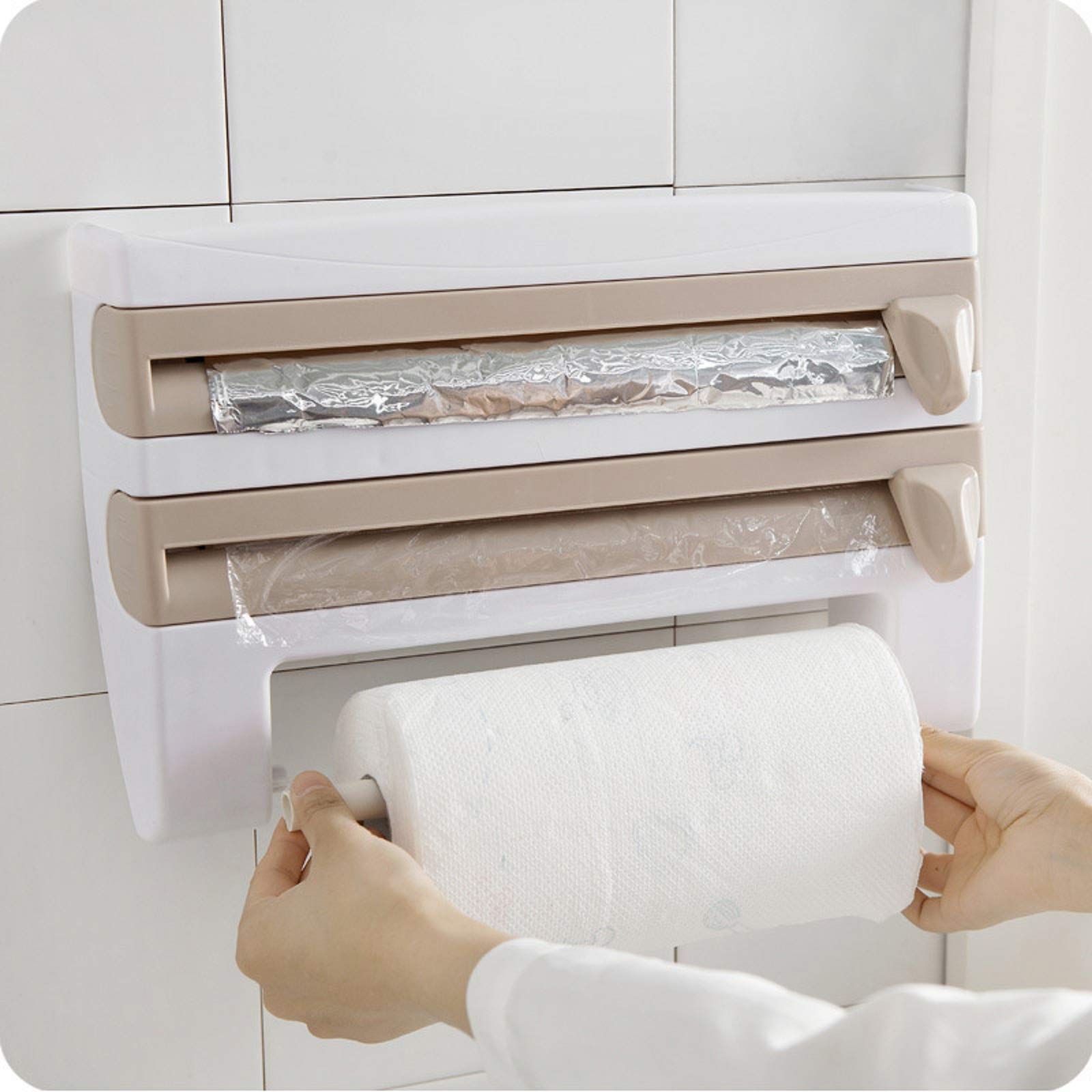 Stainless Steel Wall-Mounted Paper Towel Holder & Plastic Wrap Dispenser - Space Saving Kitchen Organizer for Paper Towels, Foil, Cling Wrap - Perfect for Kitchen, Bathroom, Pantry Organization