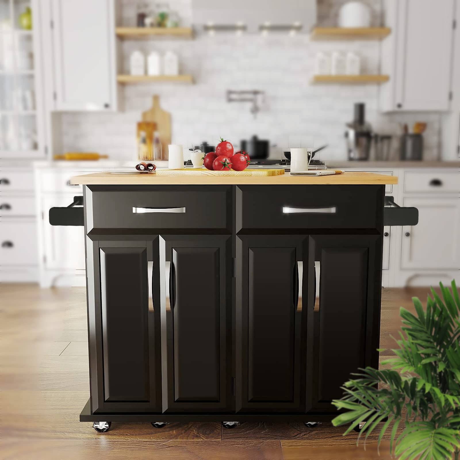 **Black Kitchen Island Cart with Storage Cabinet & Drawer - 48x18x36 Inches, Rubber Wood Top, Mobile Kitchen Island on Wheels with Towel Rack - Perfect for Small Kitchens, Dining Room Storage & Food Prep**