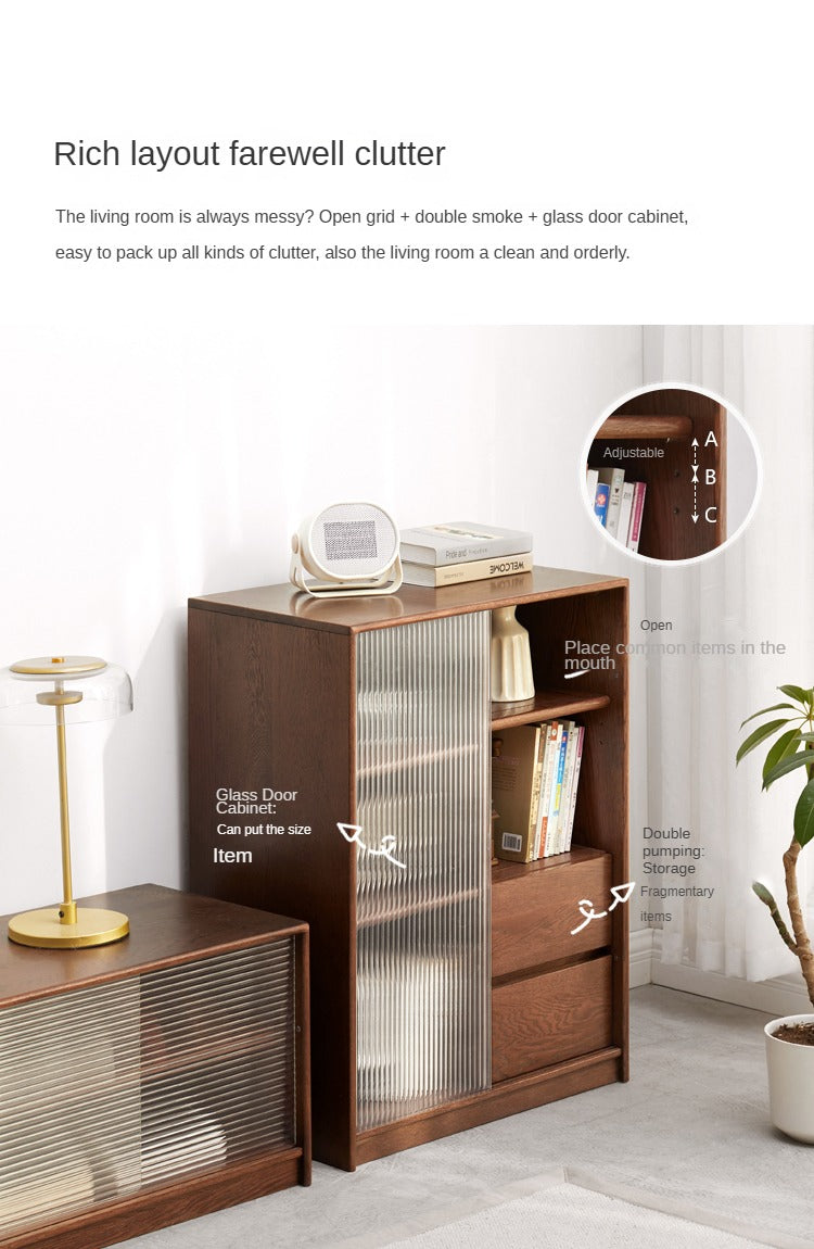 Solid Oak Wood Side Cabinet with Glass Door - Small Bookcase for Living Room, Bedroom & Office Storage