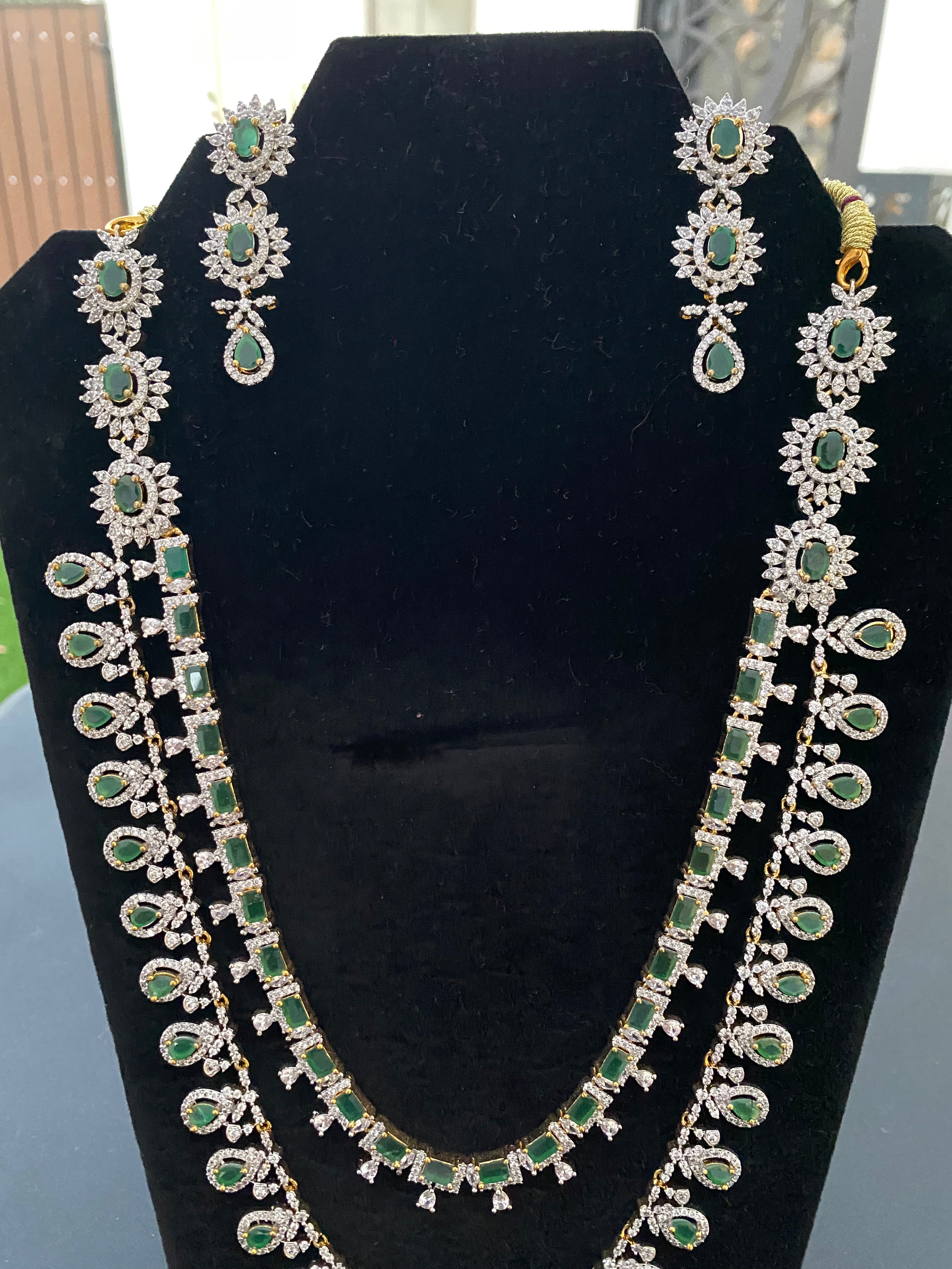 Elegant Green Stone Two-Layer Cubic Zirconia Necklace and Earrings Set for Women - Perfect for Parties, Weddings & Special Occasions