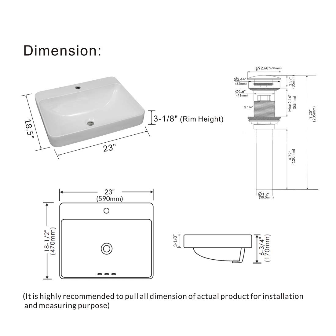 WinZo WZ6123D White Porcelain Rectangular Drop-in Bathroom Vessel Sink - Semi-Recessed Vanity Basin with Pop-Up Drain - Perfect for Modern Bathroom Renovations & Powder Room Upgrades
