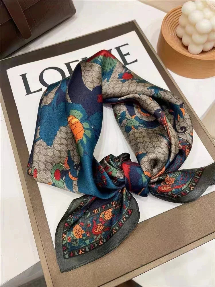 BYSIFA Grey Blue Silk Scarf - Floral Print Fashion Square Scarf (65x65cm) for Women | Elegant Winter Neck Scarf, Hijab & Headband Accessory | Perfect for Fall Outfits, Office Wear and Special Occasions