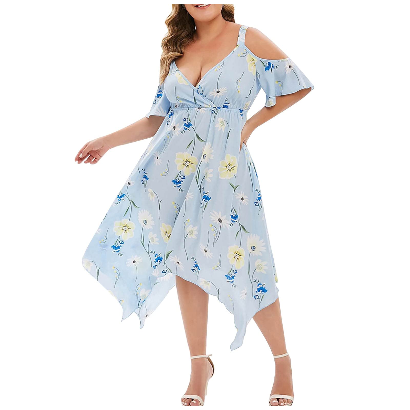 Women's Floral Print V-Neck Off Shoulder Backless T-Shirt Dress - Casual Loose Flowy Summer Beach & Evening Wear