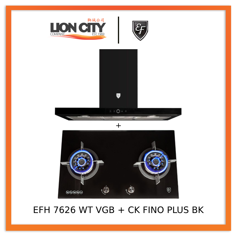 EF 90cm Chimney Hood CK FINO PLUS BK & EF EFH 7626 WT VGB 78cm Gas Built-in Hob with 2 Wok Burners - Perfect for Modern Kitchens and Asian Cooking