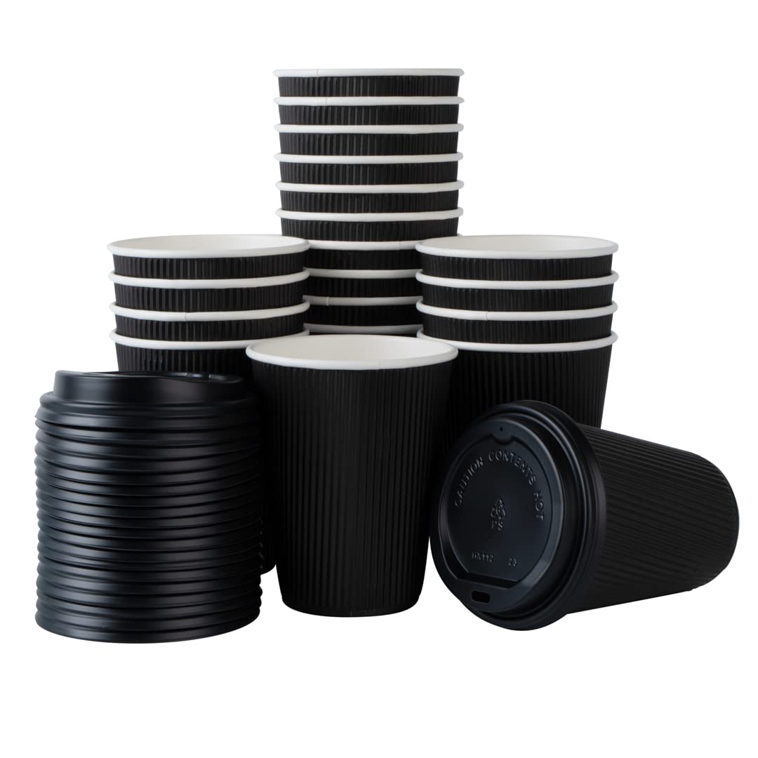 200 Pack 12oz Insulated Black Paper Coffee Cups with Lids - Leakproof & Non-Slip Ripple Wall Hot Cups for Tea, Hot Cocoa, Lattes - Perfect for Coffee Shops, Offices, Catering & Events