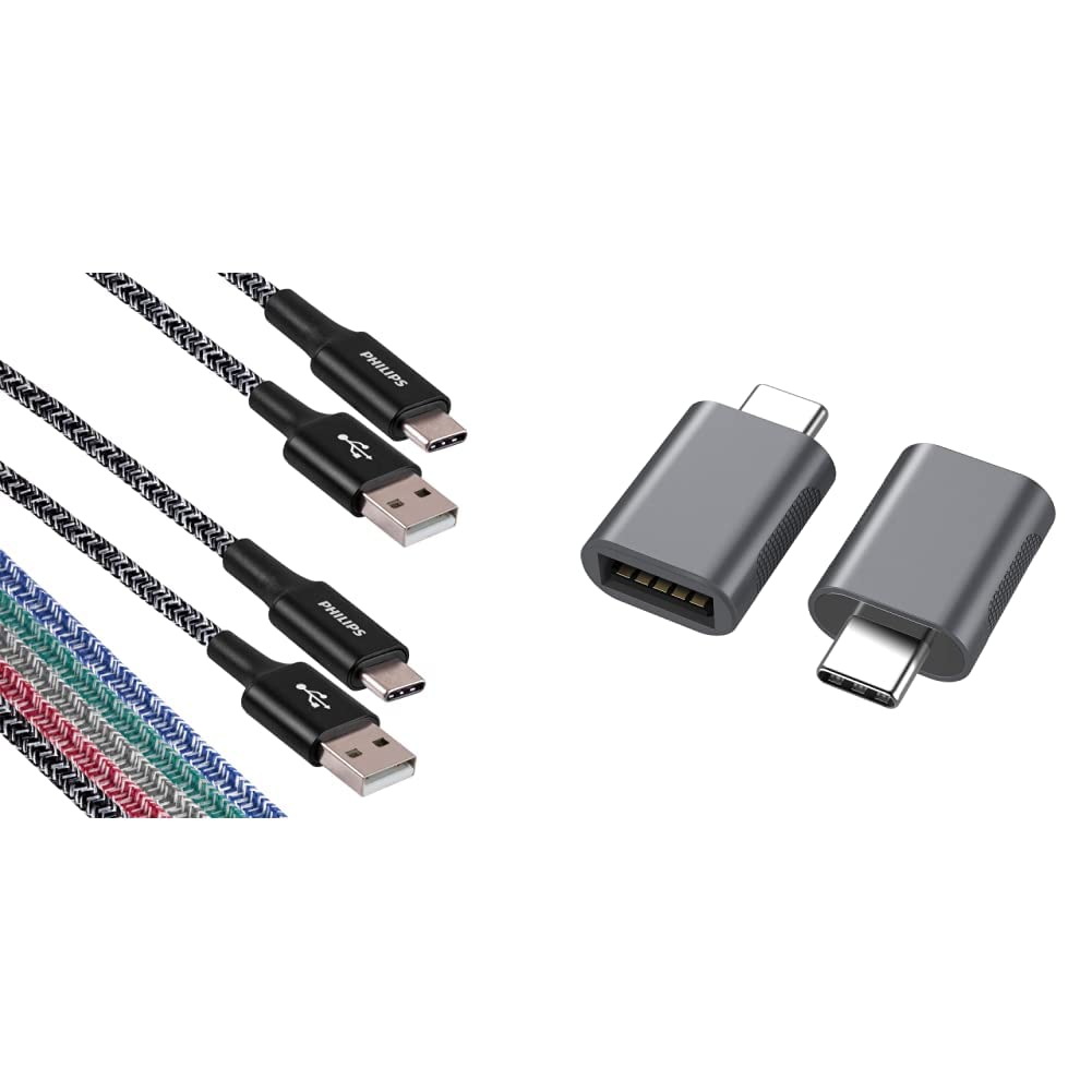 Philips 6ft 2-Pack USB-C to USB 3.0 Adapter Cable Set - USB Type C to USB A Converter for Thunderbolt 4/3, Fast Charging & Data Transfer - Perfect for Laptops, Smartphones & Tablets