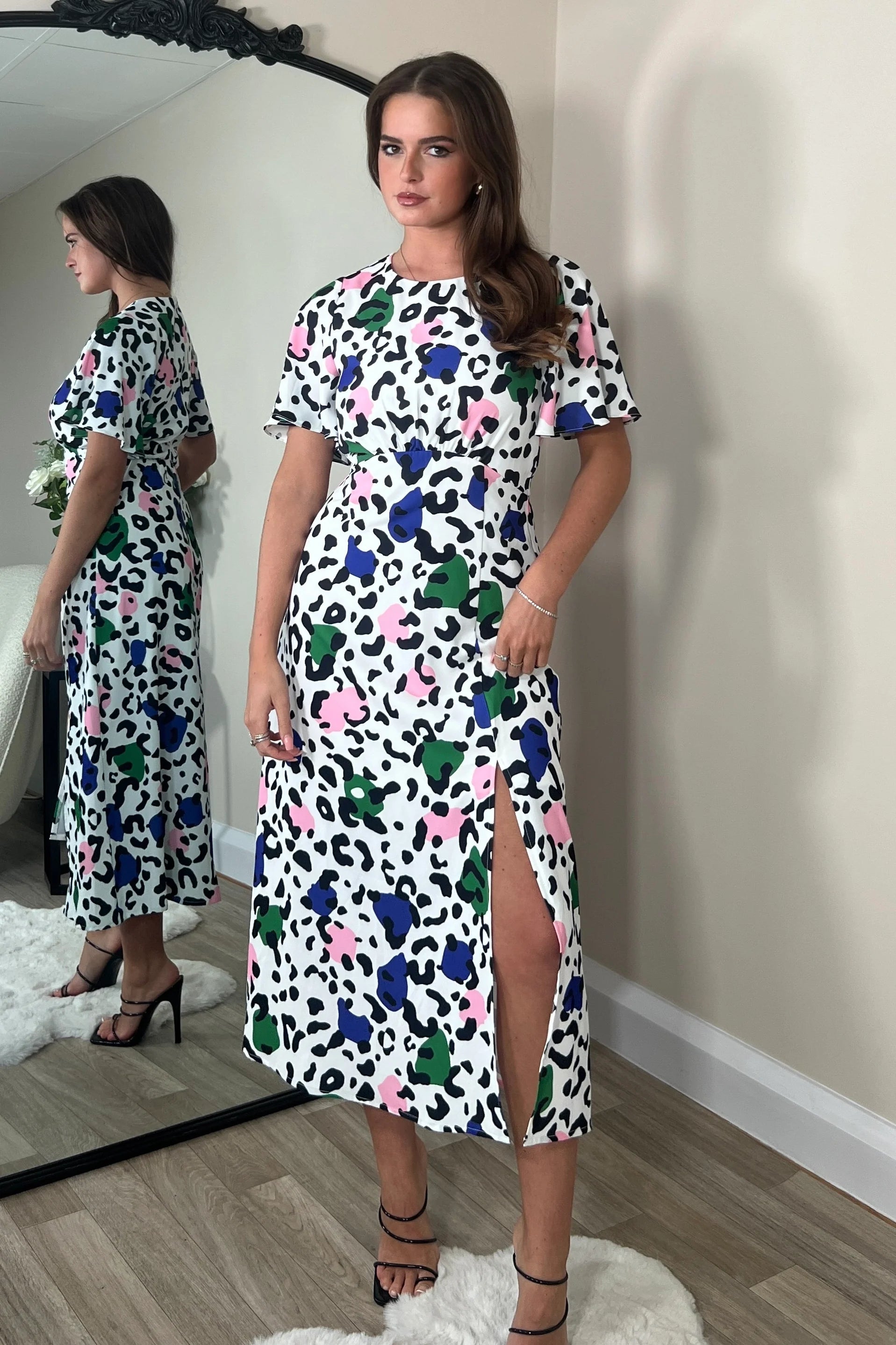 Britney Angel Sleeve Split Leg Midi Dress - Floral Print Summer Party Dress for Women, Perfect for Cocktail Parties, Date Nights & Beach Vacations