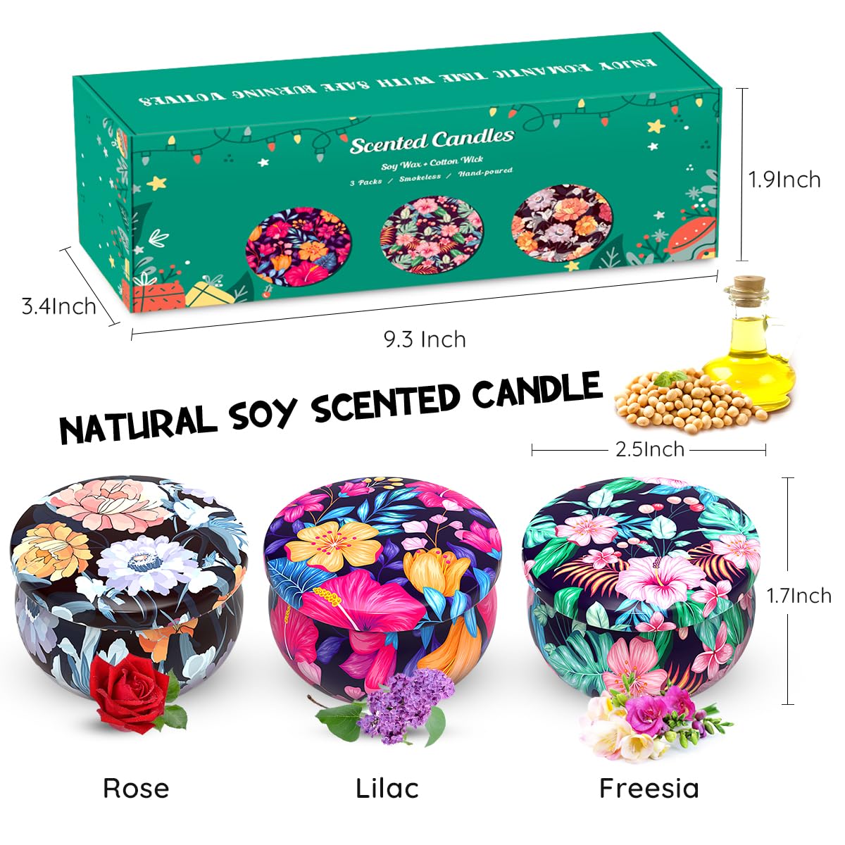3-Pack Christmas Candles Gift Set for Women - 2.5oz Long-Lasting Natural Soy Wax Jar Candles with Floral Designs, Home Fragrance for Relaxation & Stress Relief - Perfect for Holiday Decor, Aromatherapy & Cozy Nights