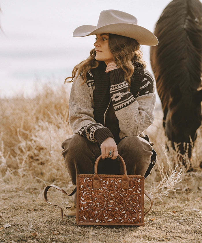 Trinity Ranch Genuine Leather Tooled Tote Bag - Western Style Handbag for Women, Perfect for Work, Travel and Everyday Use