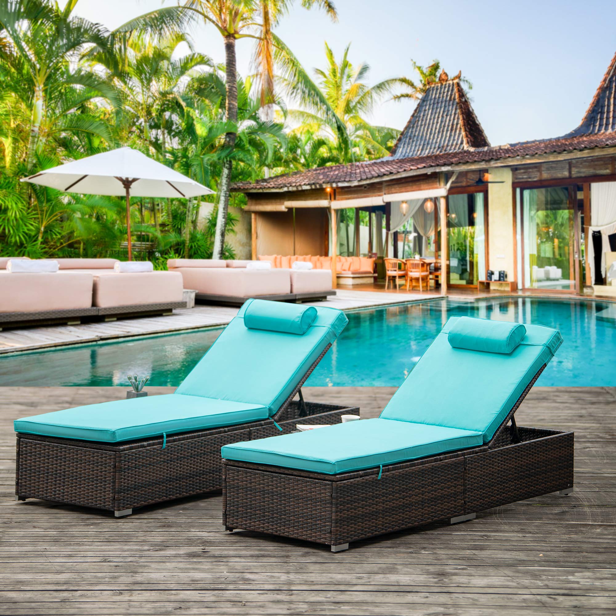 ONIMANROS 2-Piece Outdoor PE Wicker Chaise Lounge Set - Patio Poolside Sunbathing Reclining Chairs with Side Shelf - Durable Garden Furniture for Backyard, Deck & Beach Relaxation