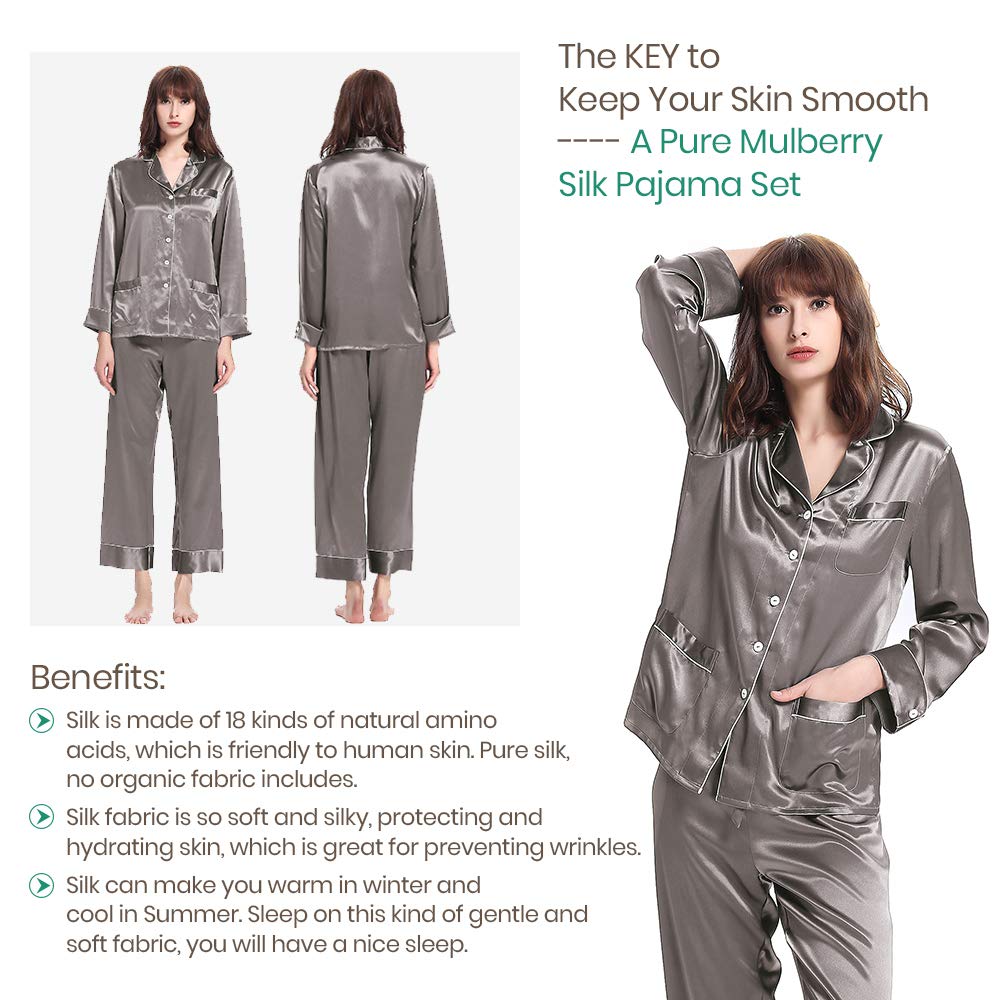 LilySilk Women's Long Silk Pajama Set - V-Neck Notched Collar with White Trim - Luxurious Sleepwear for Comfort & Elegance - Perfect for Nighttime Relaxation, Spa Days & Romantic Getaways