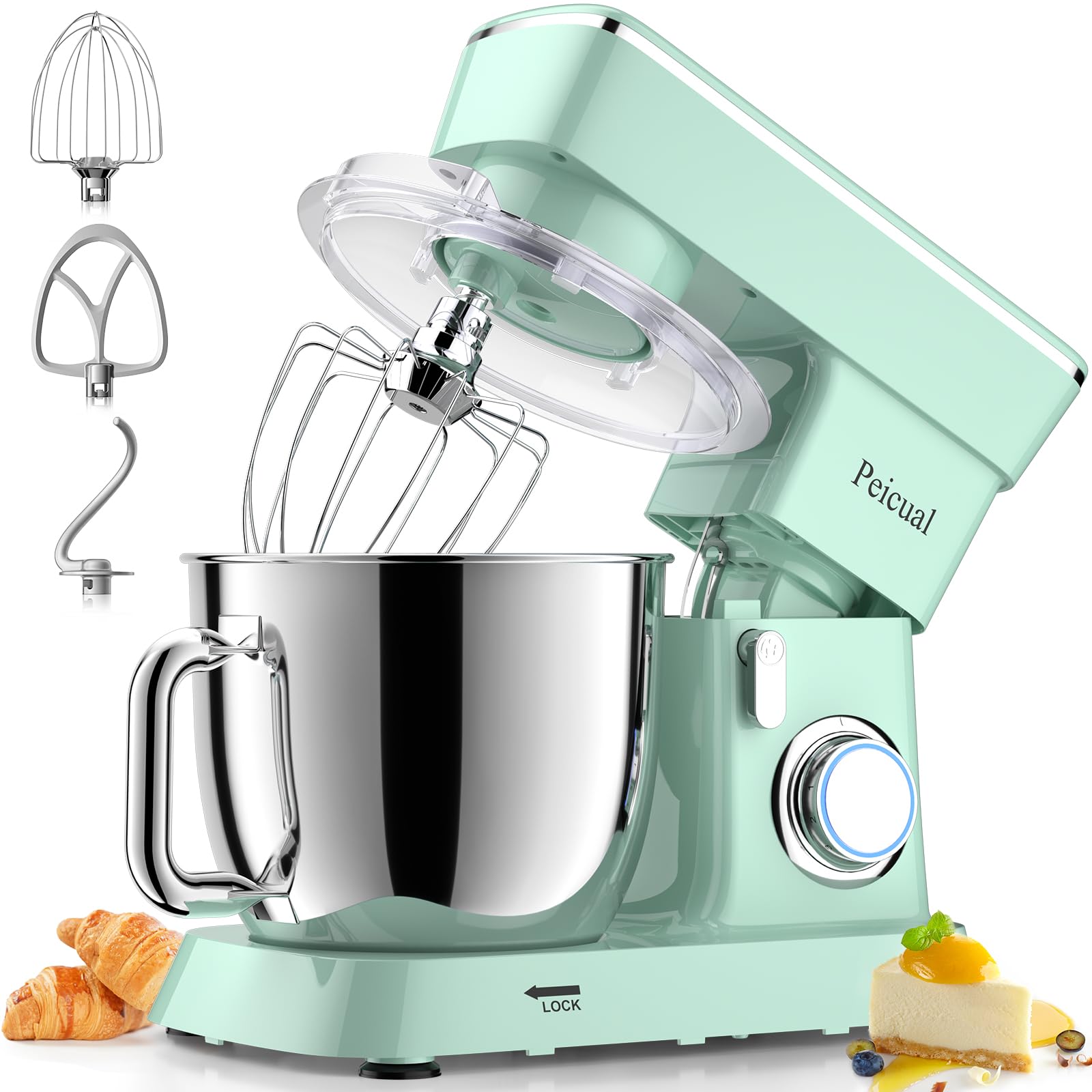 6QT 10-Speed Tilt-Head Stand Mixer with Stainless Steel Bowl - Dough Hook, Flat Beater & Wire Whisk Included - Perfect for Baking Bread, Cakes & Cookies - Green Kitchen Electric Mixer for Home Bakers