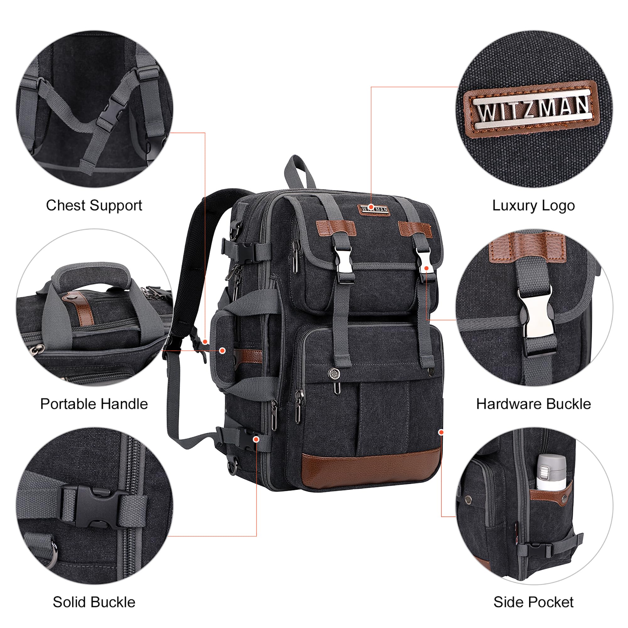 WITZMAN Large Travel Backpack for Men - 17 Inch Laptop Backpack, Airline Approved Carry-On, Convertible Shoulder Rucksack (A6617-3 Black) - Perfect for Business Trips, Commuting & Outdoor Adventures