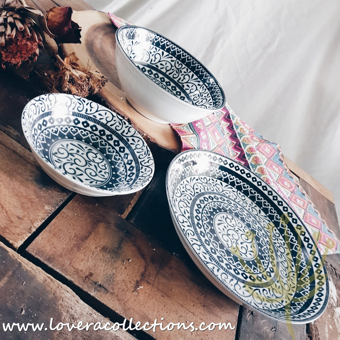 Awasaka Japan Black & White Tribal Dinnerware Set - Modern Ceramic Plates & Bowls for Dining, Entertaining & Home Decor (50% Off Sale)