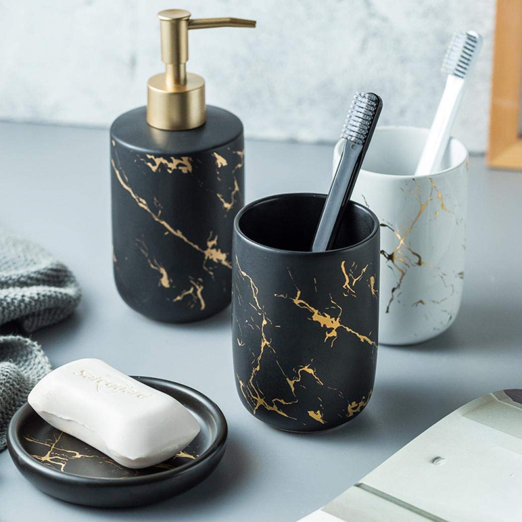 Premium Black Marble Bathroom Accessories Set - 4 Piece Ceramic Soap Dispenser, Toothbrush Holder, Tumbler & Soap Dish - Elegant Golden Vein Design for Modern Bathroom Decor - Perfect for Guest Bathrooms, Master Suites & Spa-Style Vanities