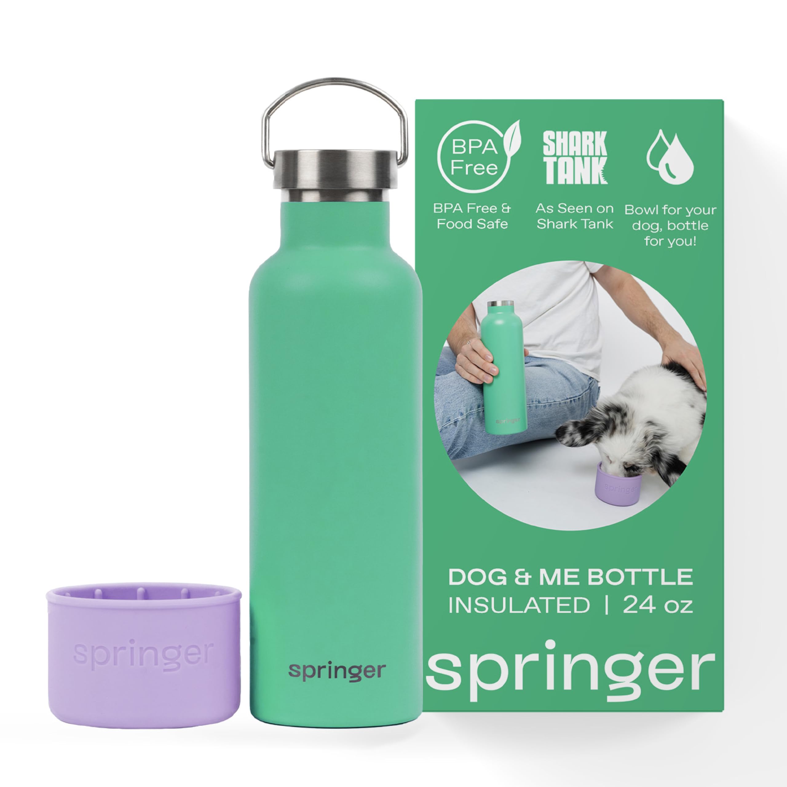 Springer Dog and Me 24oz Stainless Steel Insulated Water Bottle - Keeps Cold for 12+ Hours, Leak-Proof Portable Dog Water Bottle with Built-in Travel Bowl for Hiking, Camping, and Outdoor Adventures - Lilac/Green