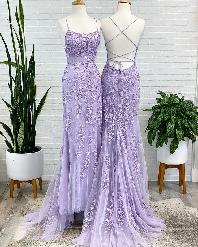 Lavender Lace Corset Prom Dress - Elegant Mermaid Scoop Neck Evening Gown with Beading | Perfect for Homecoming, Prom, Wedding & Formal Events