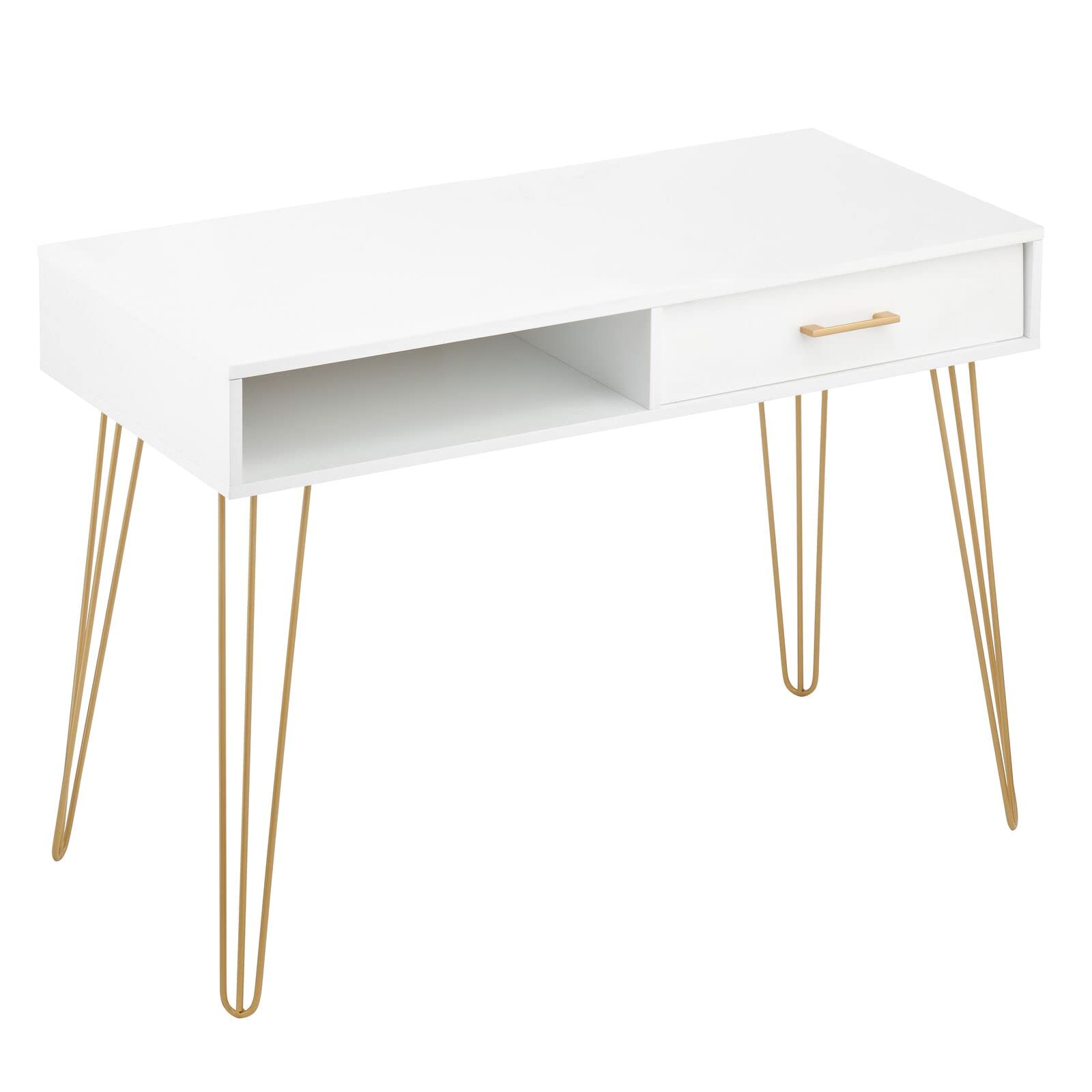 Modern Minimalist Computer Desk with Drawer & Storage Cubby - White/Soft Brass Metal & Wood Home Office Desk with Hairpin Legs - Perfect for Small Spaces, Study Rooms & Remote Workstations