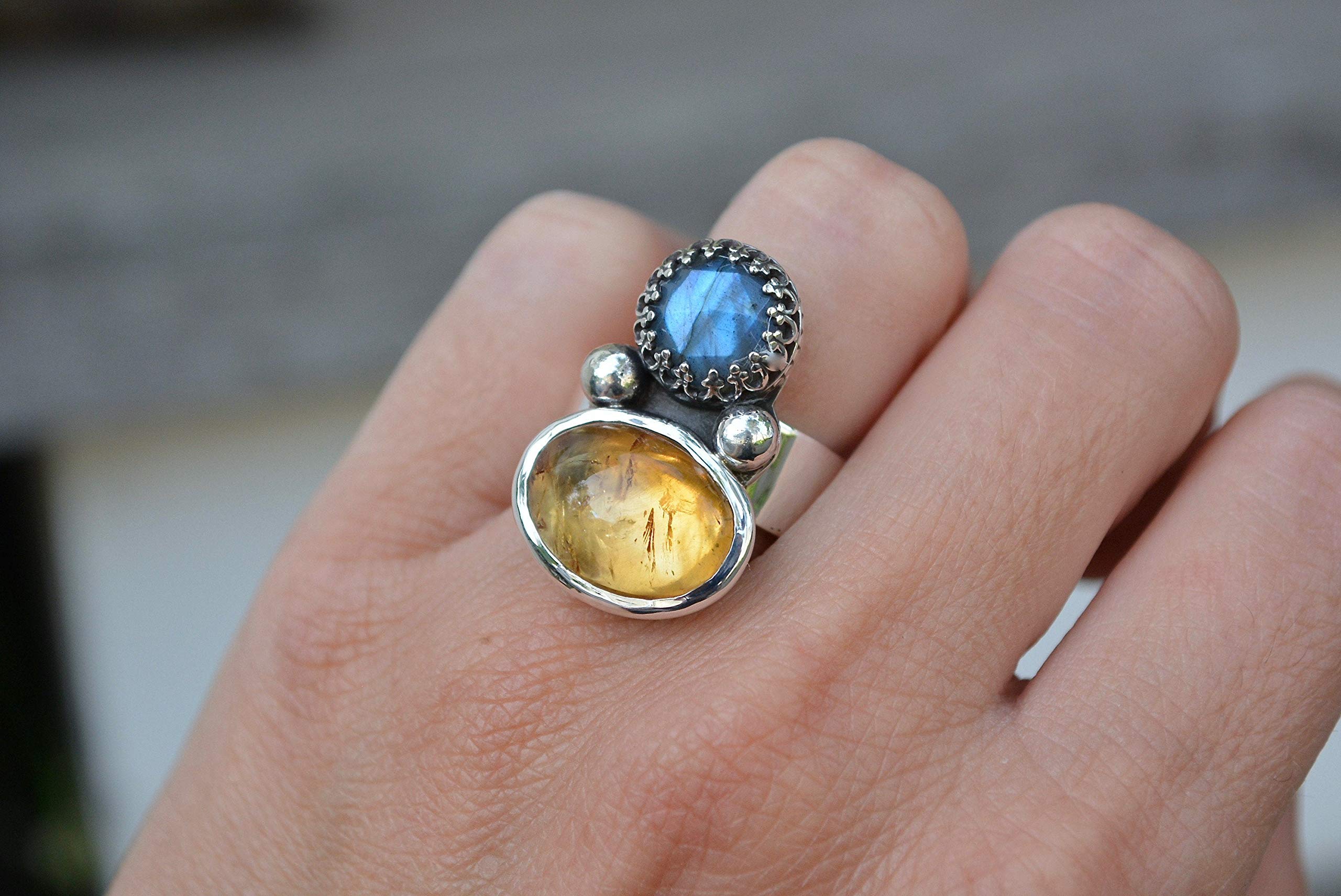 Labradorite & Citrine Gemstone Ring .925 Sterling Silver Size 6 - Elegant Bohemian Jewelry for Women, Perfect for Everyday Wear, Gift Giving & Special Occasions