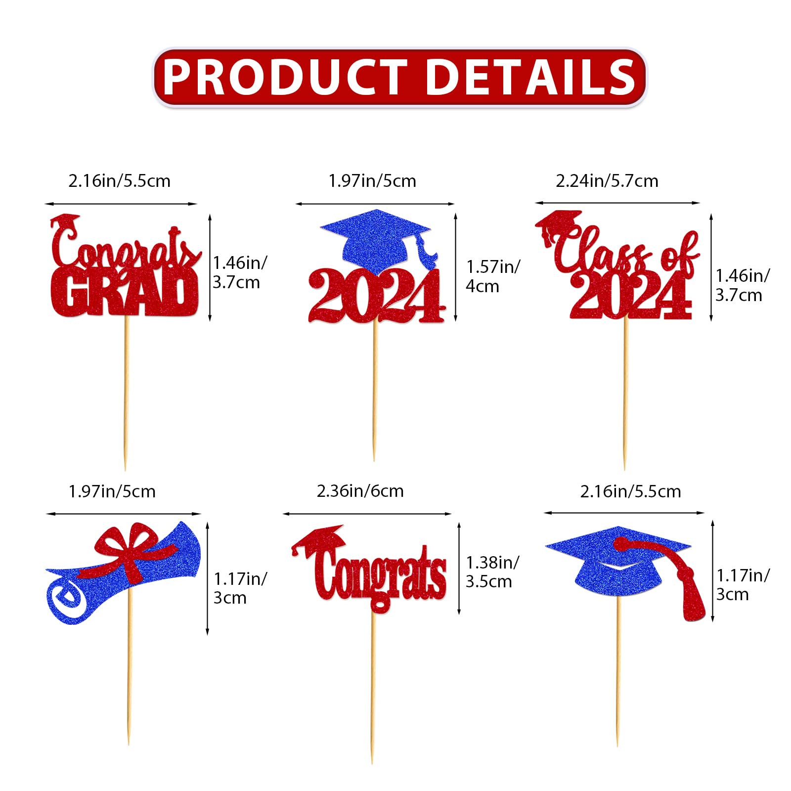 24Pcs Red and Blue Graduation Cupcake Toppers - Class of 2024 Decorations, Graduation Party Supplies, Cake Picks for Grad Ceremony, School Celebration & Dessert Decoration