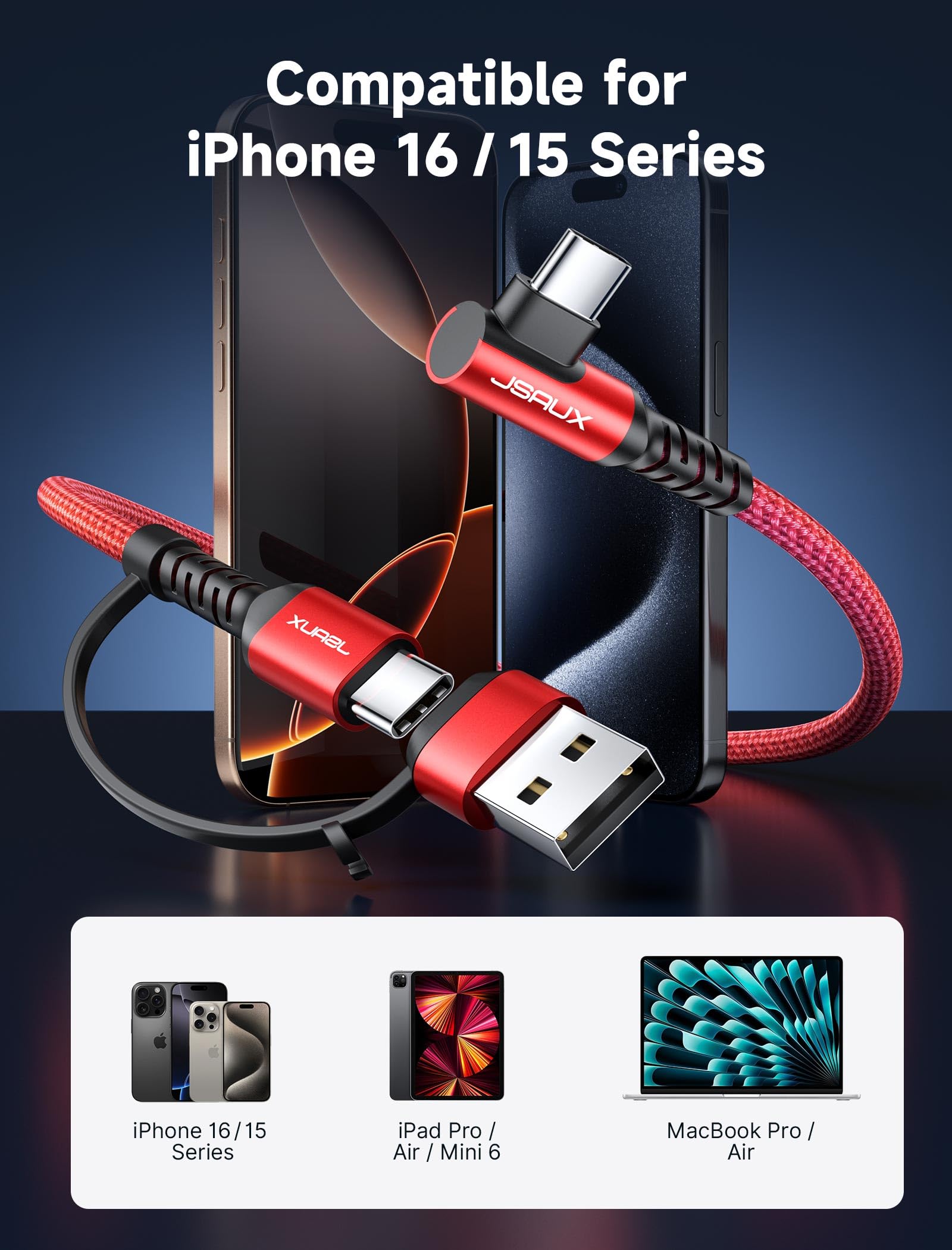 JSAUX 100W USB C to USB C Fast Charging Cable [2-Pack 6.6ft] - PD Compatible for iPhone 16/15 Series, Galaxy S24/S23/S22, MacBook, iPad Pro - Perfect for Home, Office & Travel Charging