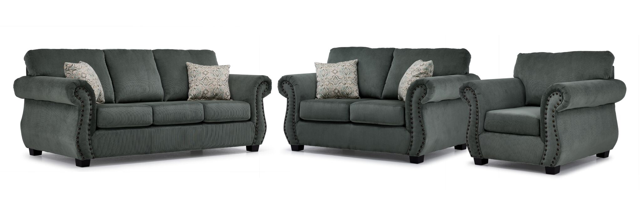 Brooklyn Sofa Set - 3-Piece Green Loveseat and Chair Living Room Furniture for Small Spaces & Apartments