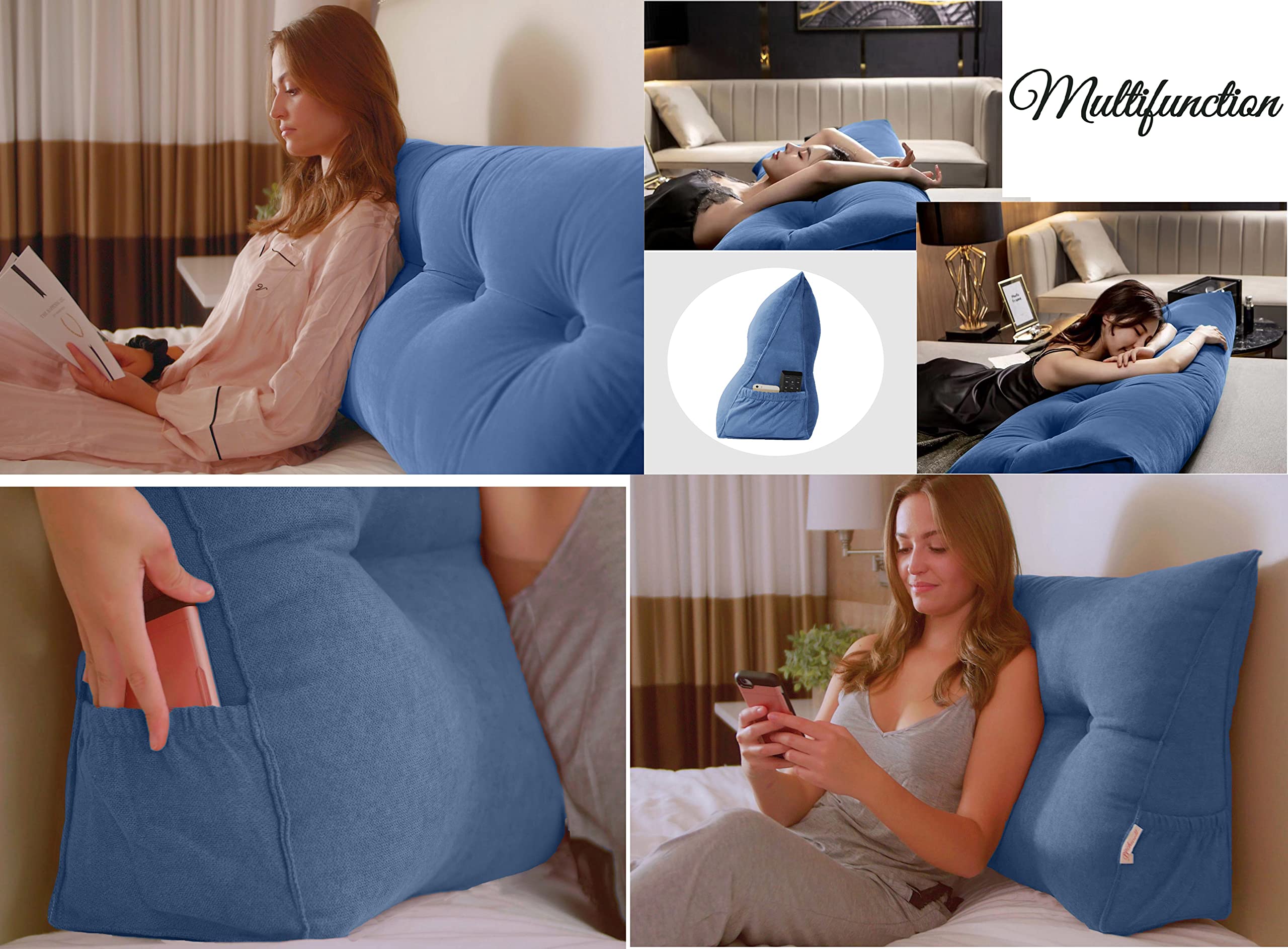 **Large Triangular Reading Bed Rest Pillow with Removable Cover & Side Pockets - Wedge Cushion for Back Support, Headboard, and Comfort (Pink, 39 x 8 x 20 Inches) - Perfect for Reading, Relaxing, or Watching TV in Bed**