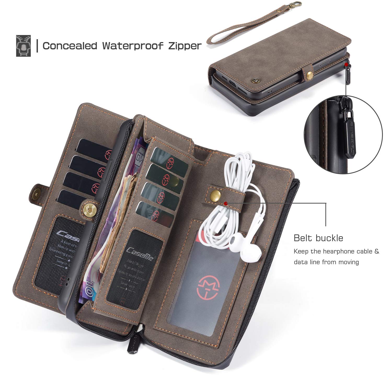 Premium Leather Wallet Case for iPhone 12 6.1 inch - Detachable Magnetic Flip Cover with Zipper, 11 Card Slots & Wrist Strap | Shockproof Protective Phone Handbag (Coffee) - Perfect for Travel, Shopping & Daily Use