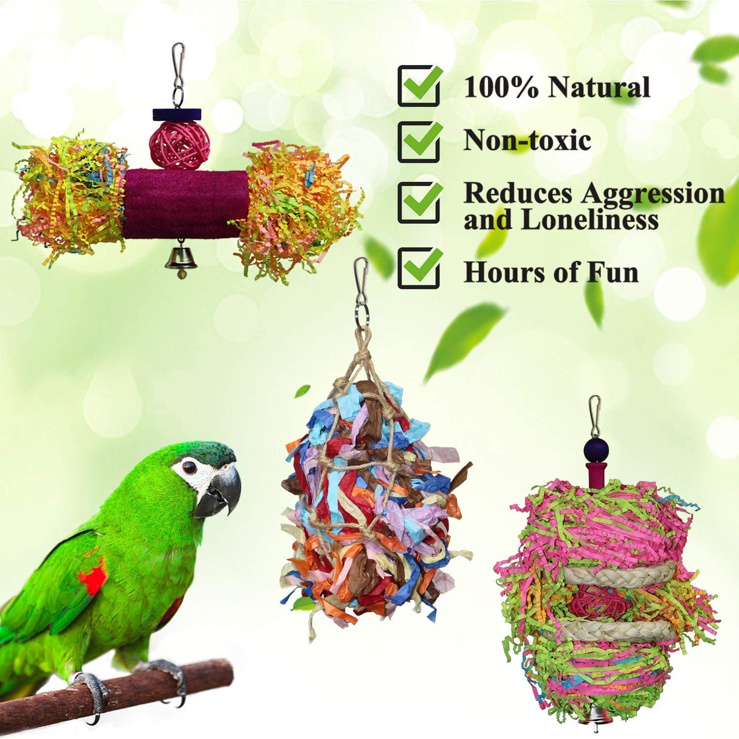 4 Pack Colorful Parrot Chewing & Foraging Toys with Bell - Hanging Shredder Swing Toys for Parakeets, Conures, Cockatiels, Lovebirds & Small Birds | Perfect for Cage Enrichment & Mental Stimulation