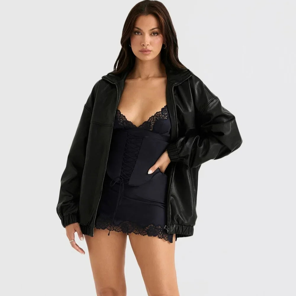 Stylish Black Leather Jacket for Women - Autumn & Winter Fashion 2024 | Retro High Street Trend | Premium Outerwear for Casual & Night Out