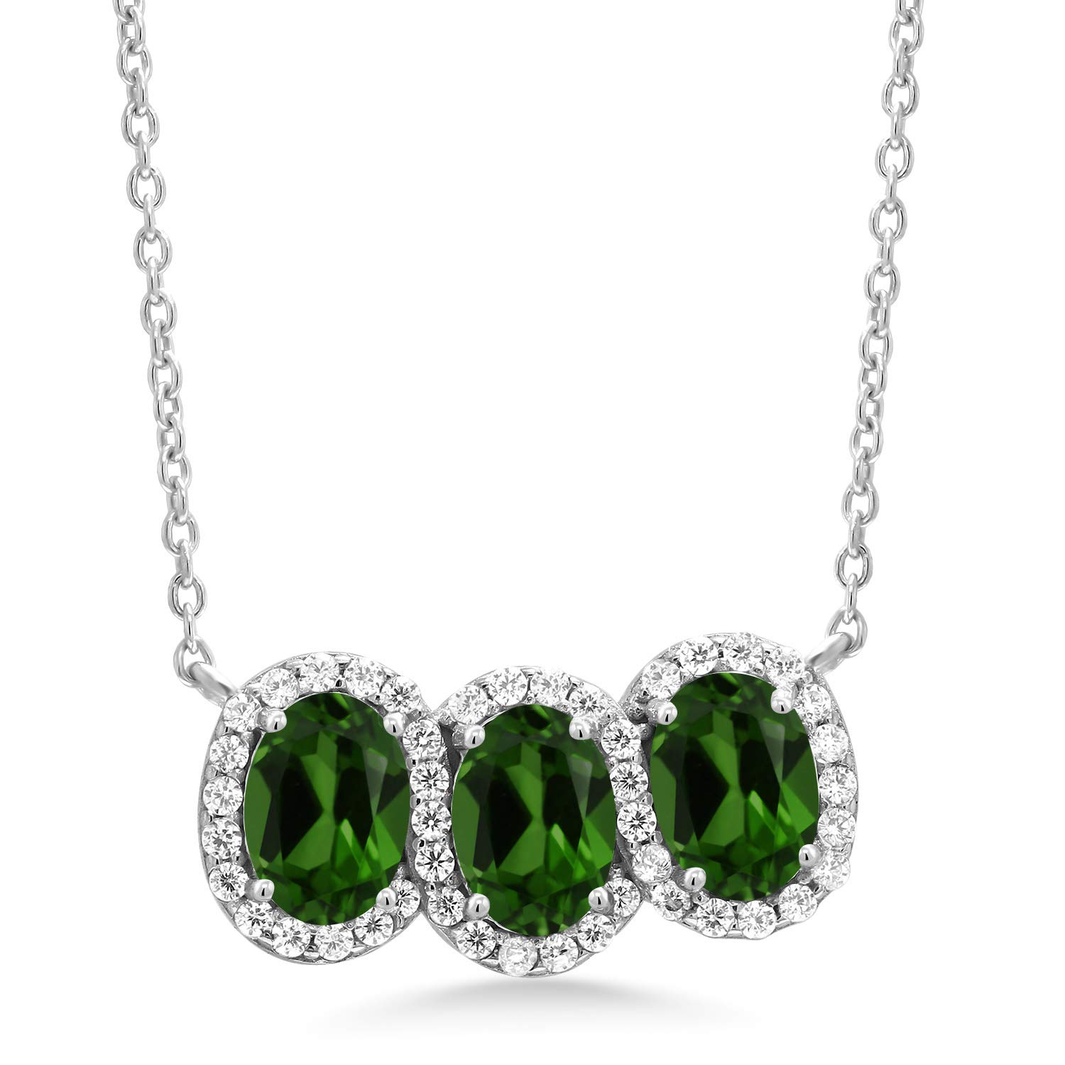 Gem Stone King 925 Sterling Silver Birthstone Necklace for Women - 3 Stone Oval Pendant (7x5mm) with 18