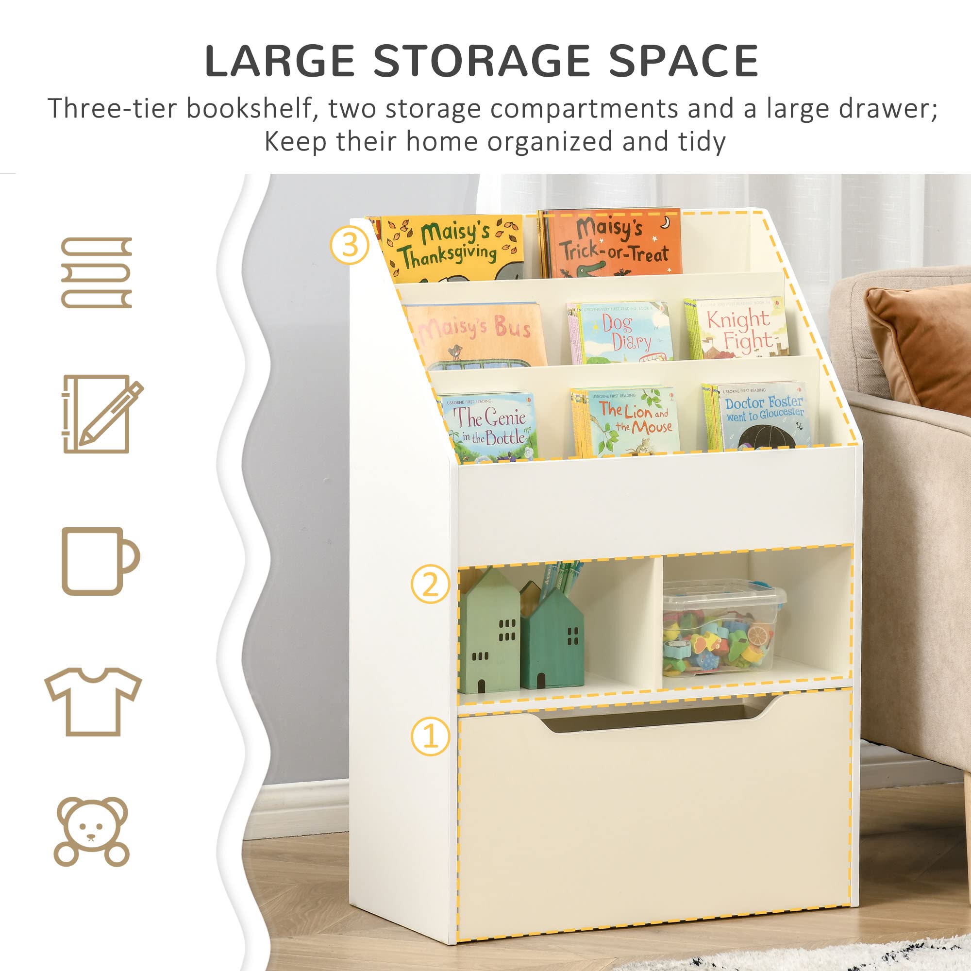 HOMCOM Kids Bookcase with Storage Drawer - 5-Tier Multi-Shelf Organizer for Books, Toys & School Supplies | Sturdy White Bookshelf for Playroom, Bedroom & Classroom | Space-Saving Children's Furniture