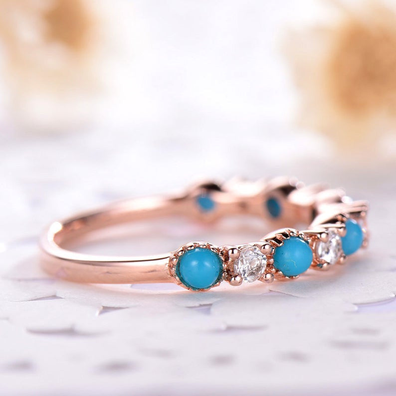 14K & 18K Gold Turquoise Diamond Wedding Band - Round Cut Engagement Ring for Women in White/Rose/Yellow Gold | Bridal, Anniversary & Promise Gift for Her | Perfect for Proposals, Weddings & Special Occasions