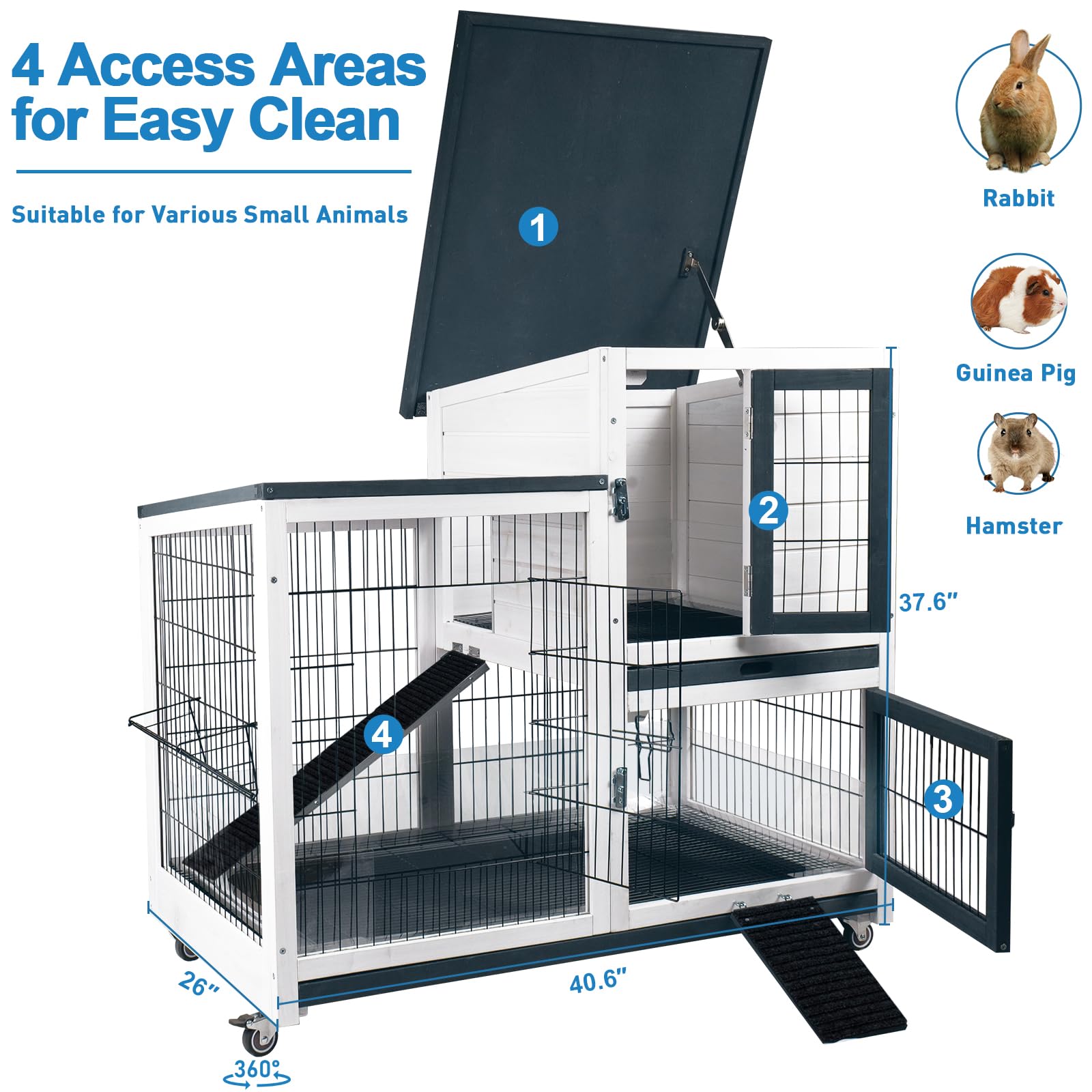 Indoor & Outdoor Rabbit Hutch with Urine Guards - 2-Story Mobile Bunny Cage for Guinea Pigs, Wire Bottom & 2 Trays - Perfect for Small Pets in Home, Garden or Backyard