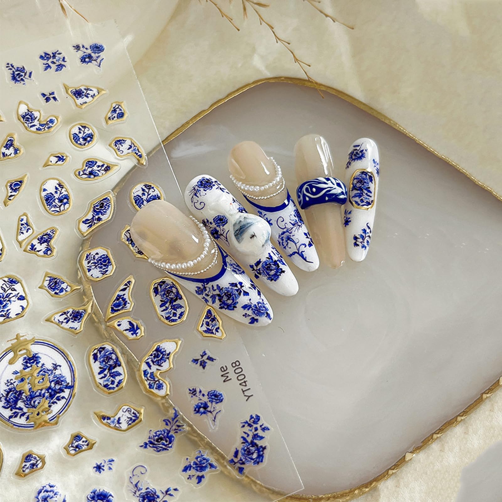 Blue and White Porcelain Nail Stickers - Chinese Style Floral Nail Art Decals with Adhesive Backing, Small Flower French Manicure Supplies, Irregular Bronzing Nail Decor for DIY Nail Design | Perfect for Wedding, Party, and Special Occasion Nail Art
